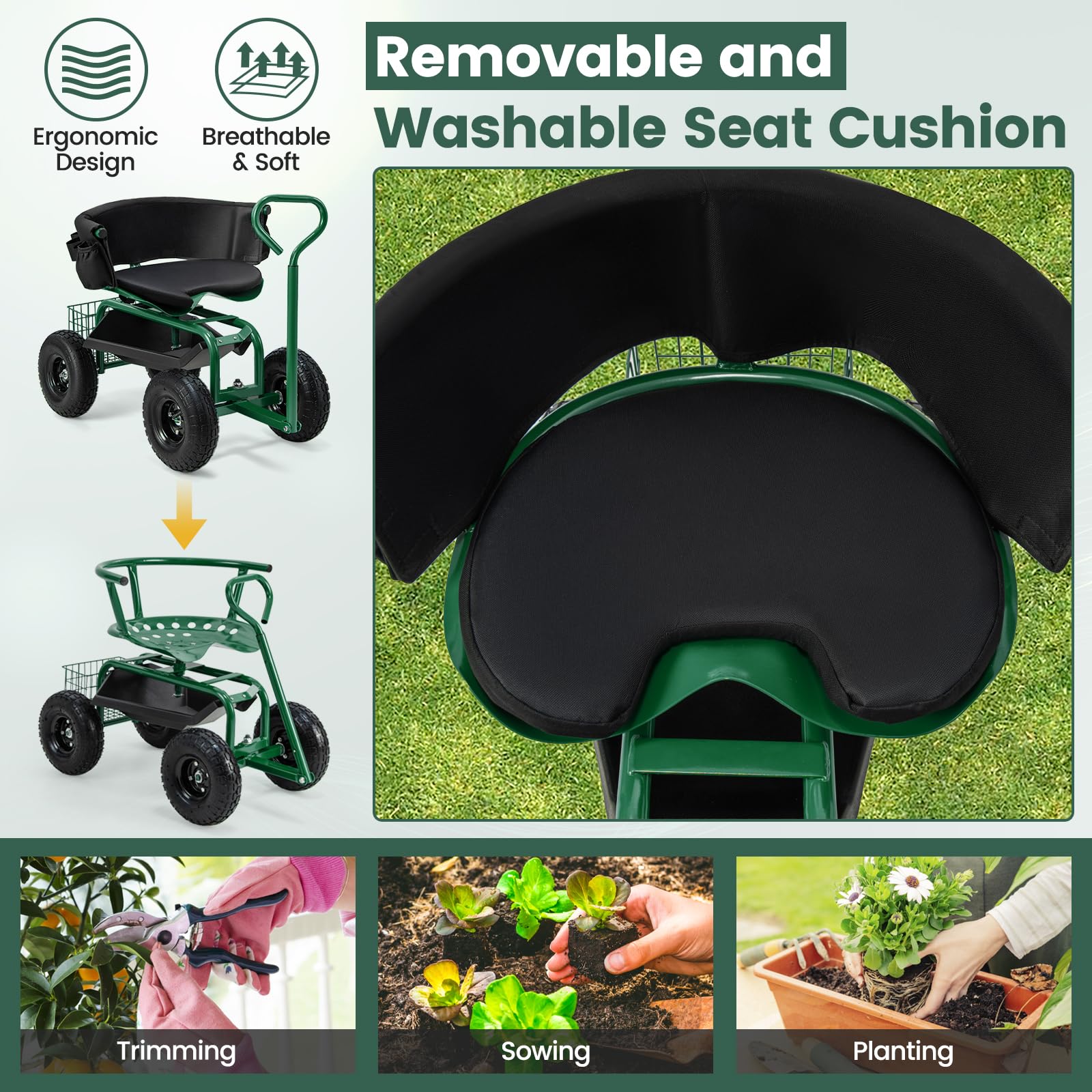 **Goplus Adjustable 360° Swivel Garden Seat with Wheels - Rolling Gardening Stool with Tool Tray, Storage Basket & Extendable Handle - Outdoor Gardening Scooter for Seniors & Adults - Perfect for Planting, Weeding & Yard Work**