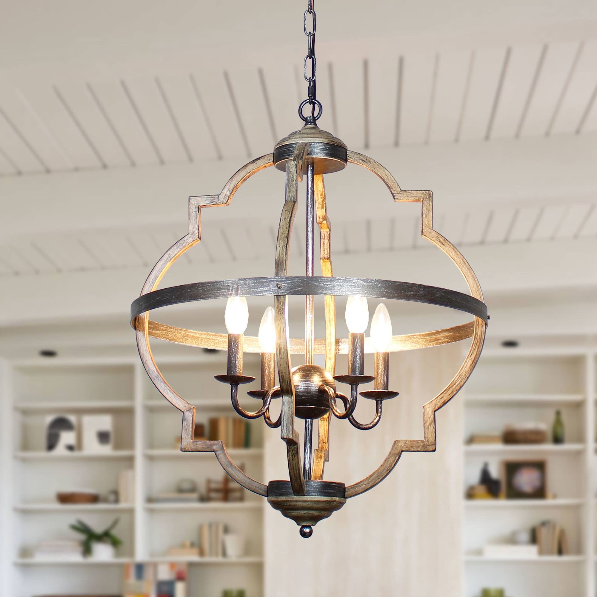 Rustic Farmhouse Chandelier Ceiling Light Fixture - 4-Light Industrial Pendant Lighting, 21 Inch, E26 Socket (Bulb Not Included) - Perfect for Dining Room, Kitchen Island, or Entryway Decor