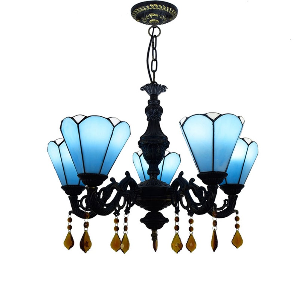 Vintage Tiffany Style Chandelier - 5-Light Farmhouse Ceiling Fixture with Stained Glass Shade, 23.6 Inch Diameter, Blue Crystal Pendant Lighting for Dining Room, Bedroom & Foyer Decor