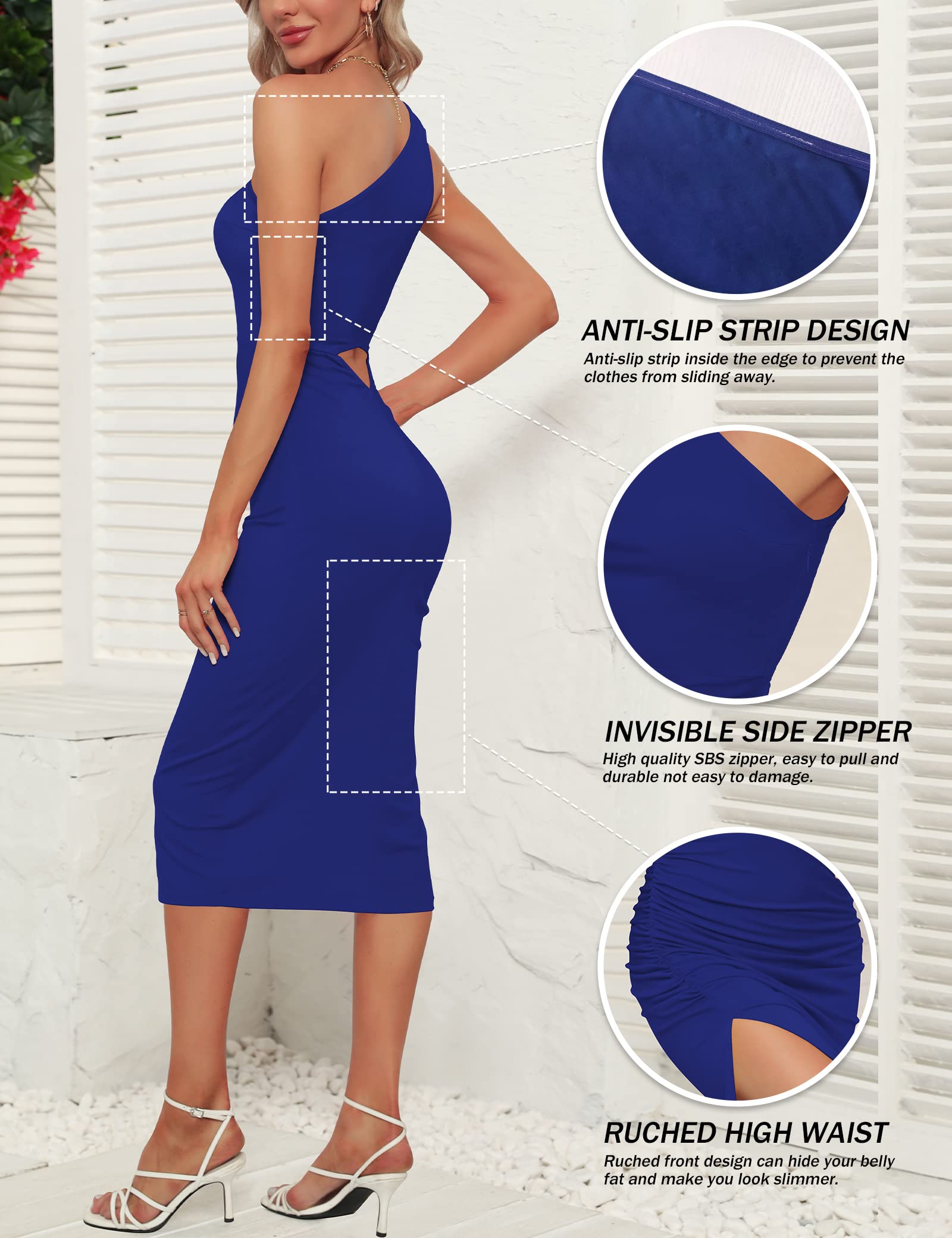 Sarin Mathews Women's One Shoulder Ruched Bodycon Dress - Sexy Sleeveless Slit Midi Dress for Party, Cocktail, Wedding Guest & Special Occasions | Perfect for Night Out, Date Night & Formal Events