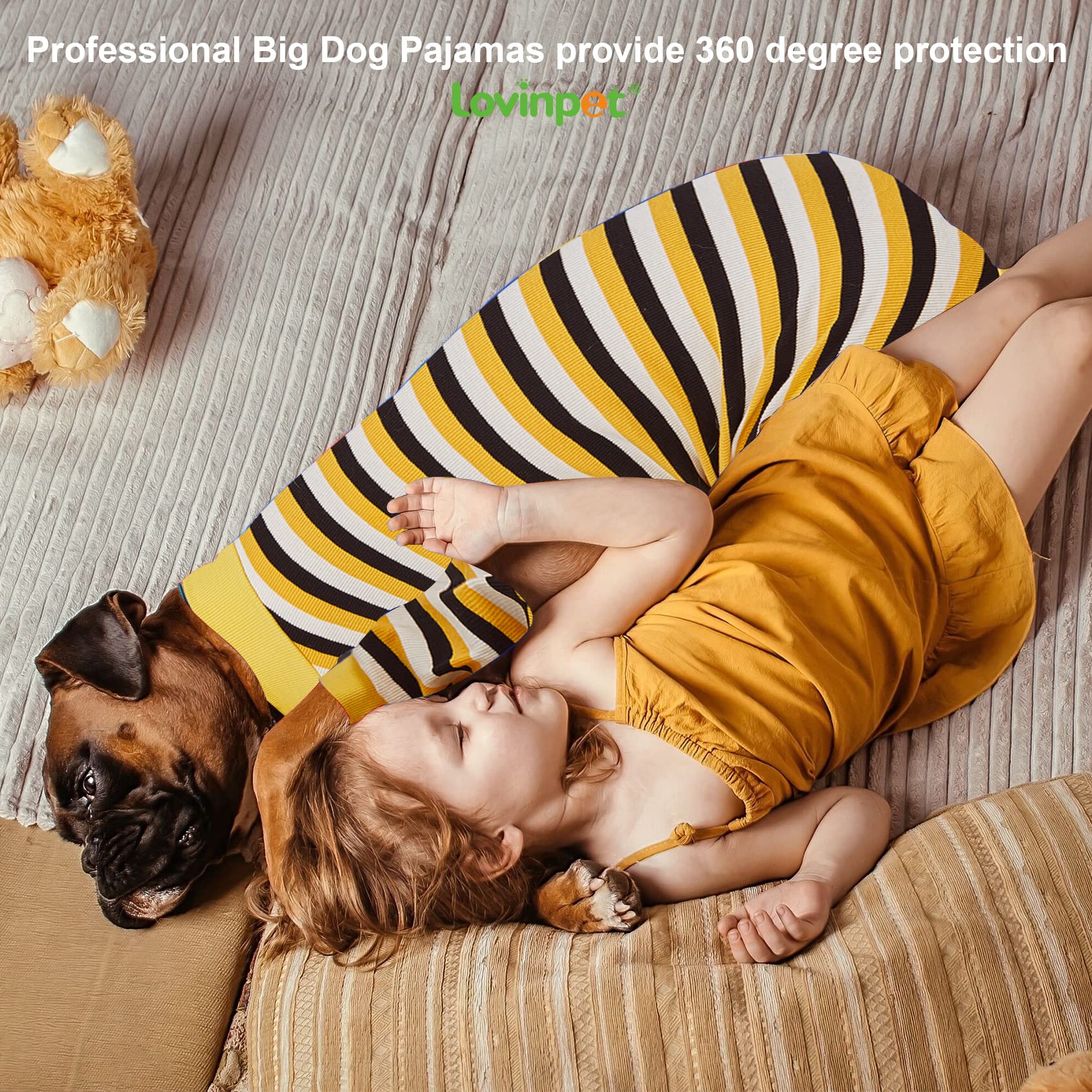 LovinPet Big Dog Pajamas - Soft Cotton Black & Yellow Striped Dog Shirt, Full Coverage Onesie for Large Breed Dogs (XXL) - Cozy Pet PJs for Winter Nights & Indoor Lounging