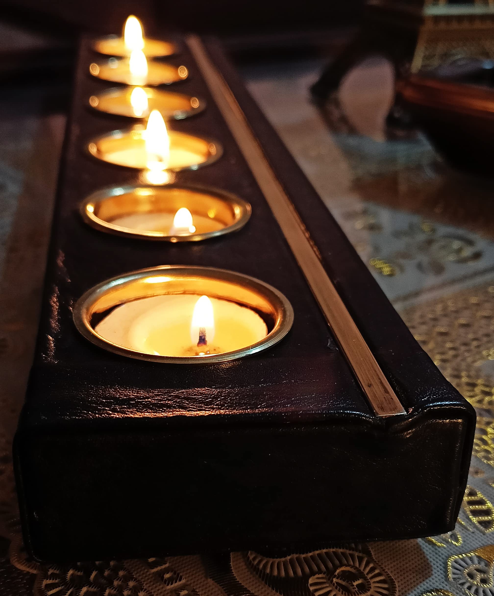 Premium Leather & Brass Tea Light Candle Holder Set - 6 Modern Luxury Candlesticks for Home Decor, Wedding Centerpieces & Romantic Ambiance (Black) - by alaa Store