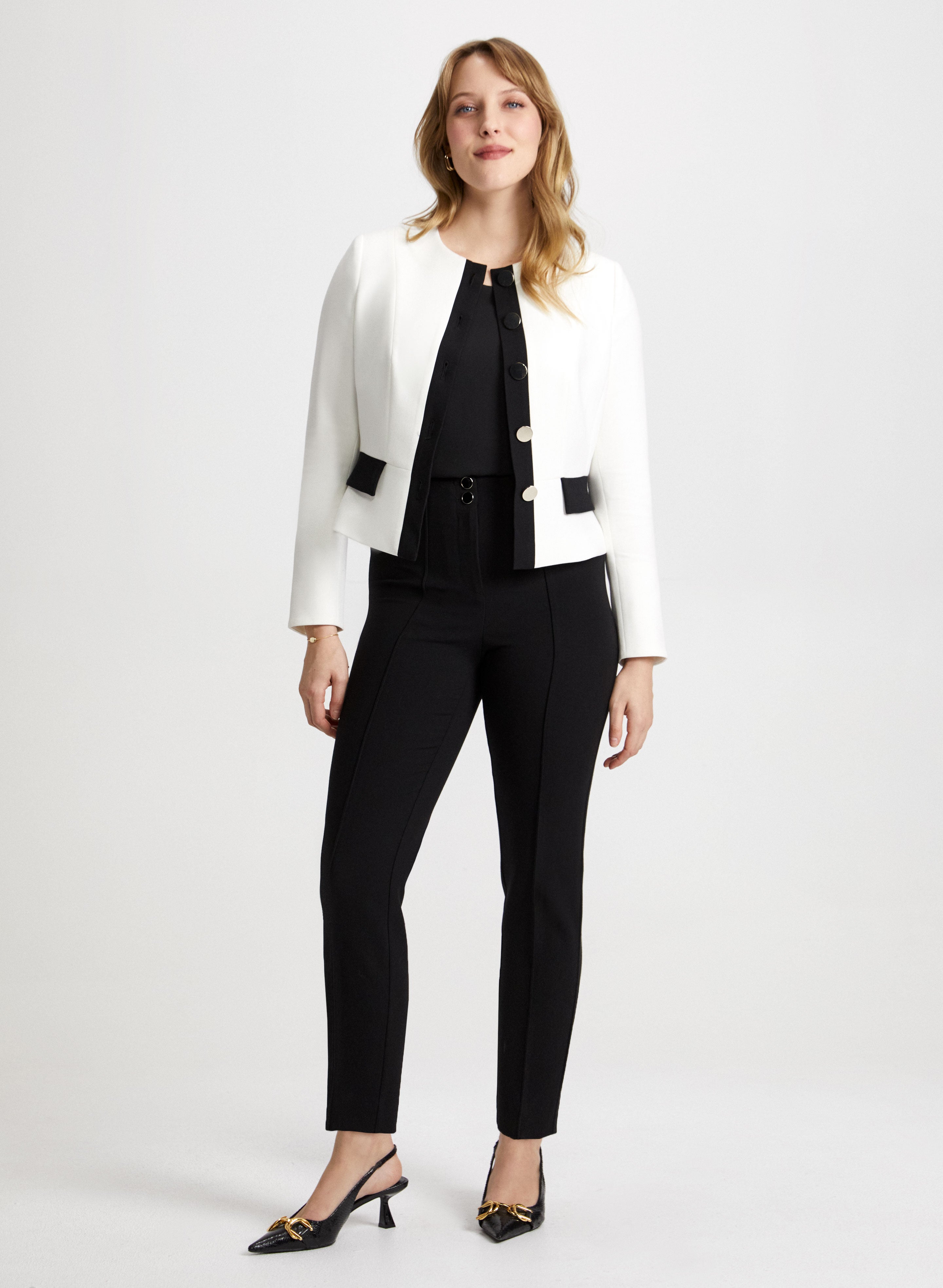 Stylish Contrast Jacket & Slim Leg Pants Set - Trendy Women's Two Piece Outfit for Casual Wear, Office, and Night Out