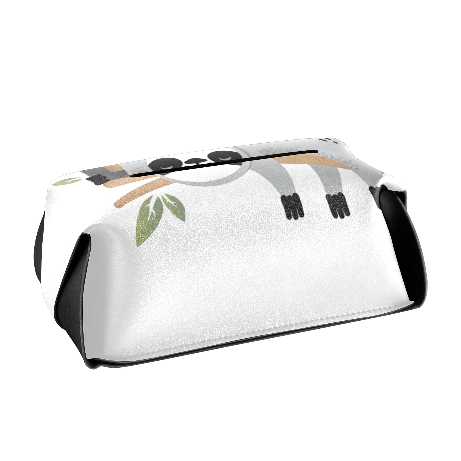 Cute Grey Sloth Tissue Box Cover - Leather Rectangle Design with Tree Branches & Green Leaves - Perfect for Bathroom, Home, Office, Car (9.4x5.1x3.6 in) | Stylish Vanity & Nightstand Decor