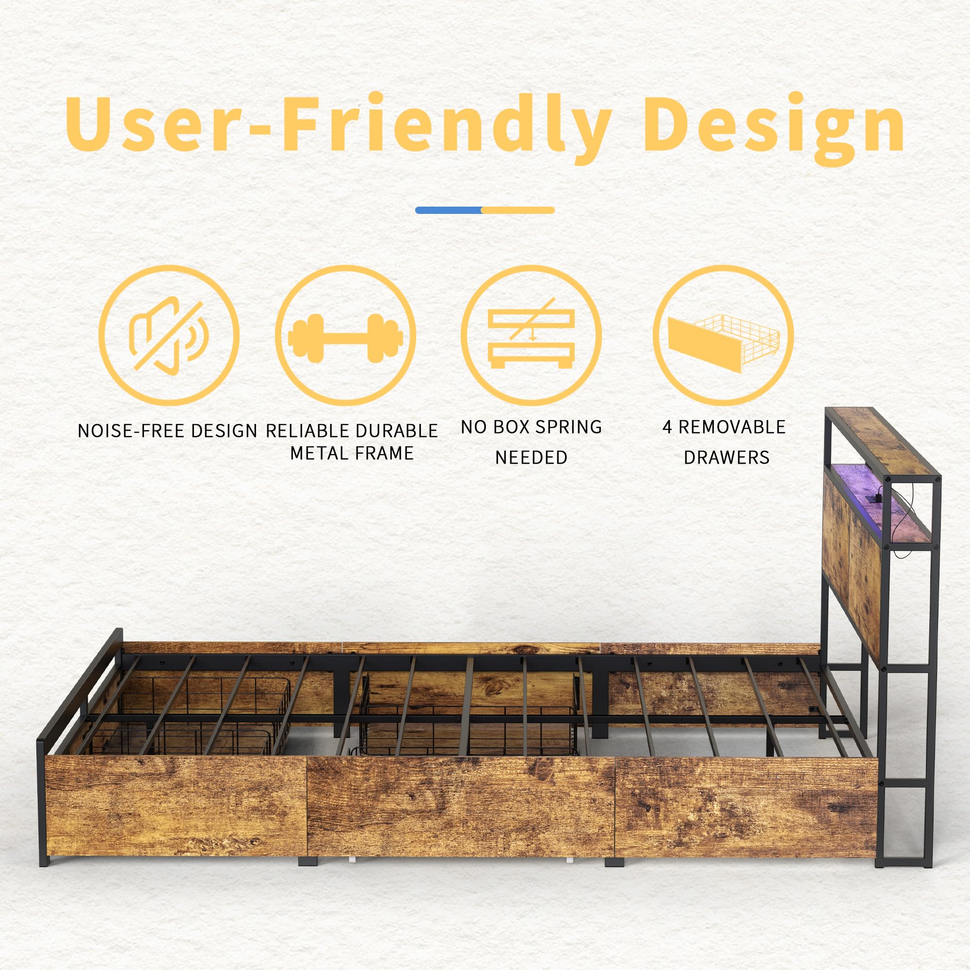 Queen Bed Frame with Storage & LED Lights - Sturdy Metal Platform for Quiet, Noiseless Sleep
