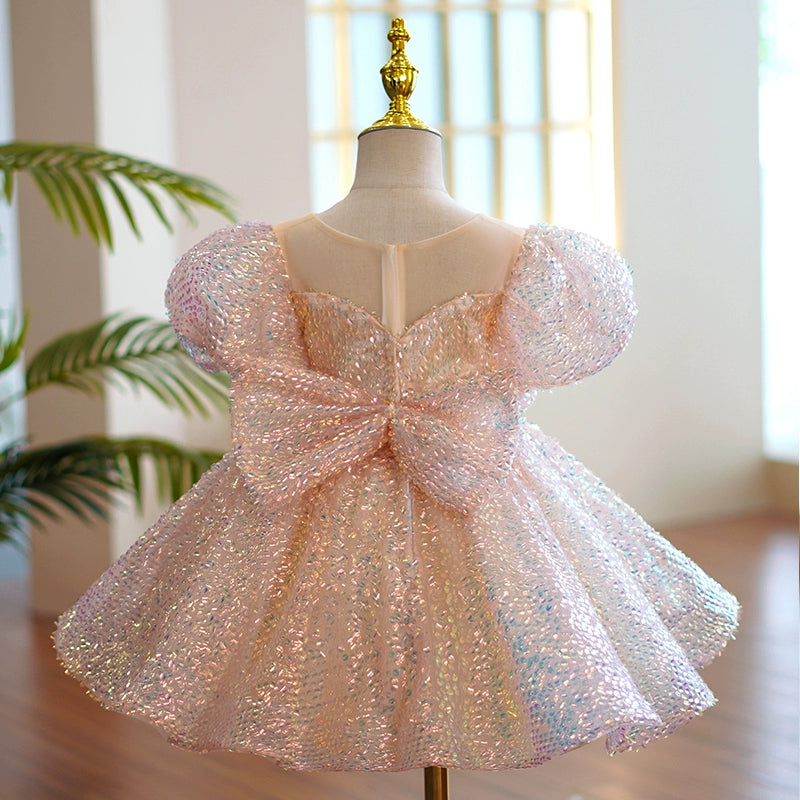 Pink Princess Round Tea Length Organza Flower Girl Dress for Weddings, Birthday Parties & Special Occasions