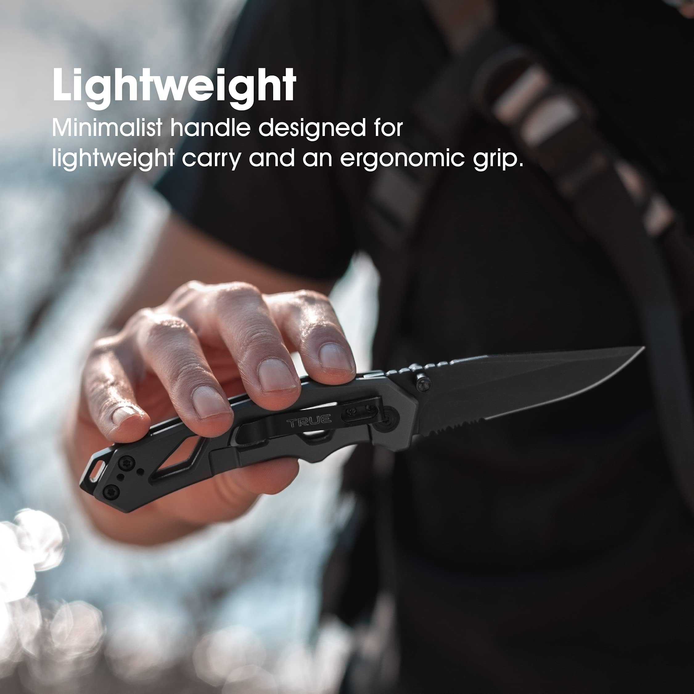 TRUE Tactical Knife - Black Partially Serrated Blade with Lightweight Handle, Glass Breaker & Pocket Clip | Survival, Camping, EDC & Outdoor Activities Knife