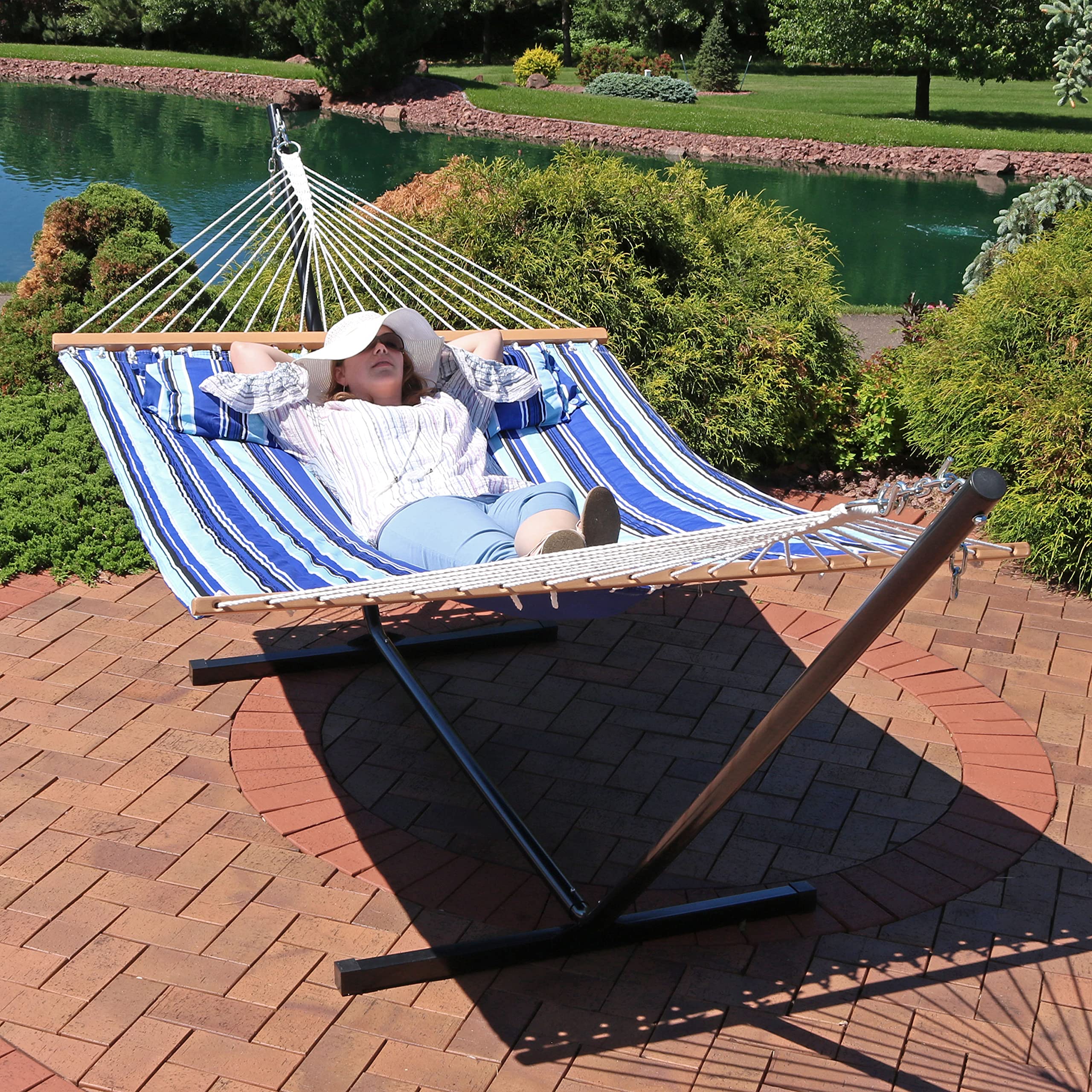 Premium Sunnydaze Quilted Double Hammock with 12-Foot Steel Stand - 350 lb Capacity for 2 Persons - Perfect for Backyard, Beach, Camping & Outdoor Relaxation - Catalina Beach Design