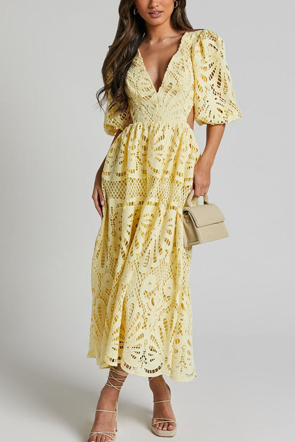 Elegant Solid Color V-Neck Lace Maxi Dress for Women - Sexy Hollow Out Waistless Long Dress for Summer, Beach, Party & Evening Wear