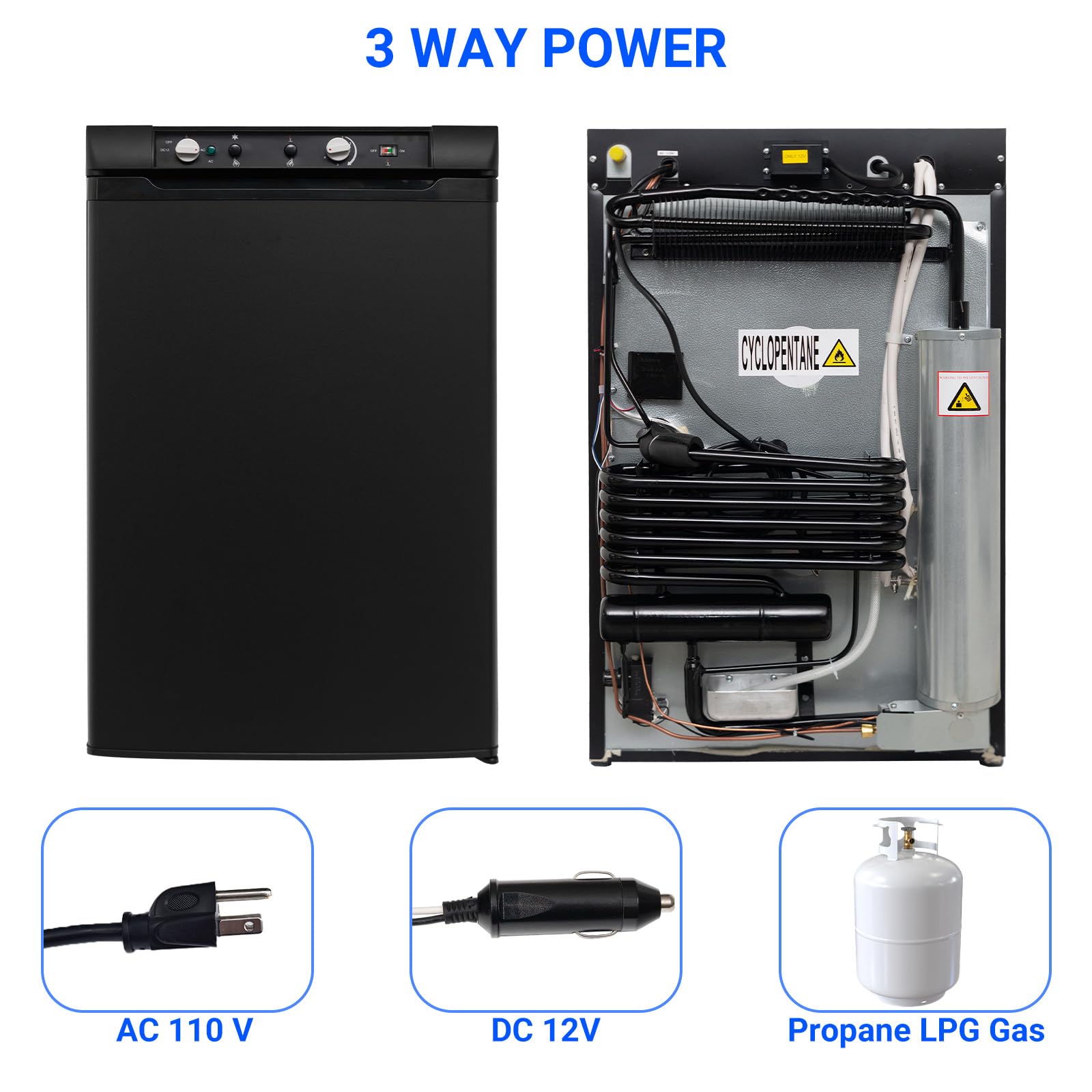 3.5 Cu.Ft RV Propane Refrigerator with Freezer - 3 Way AC/DC/GAS Powered Camper Fridge for RV, Cabin, Semi Truck & Van - Ultra Quiet Black Design - Perfect for Road Trips, Off-Grid Living & Tiny Homes