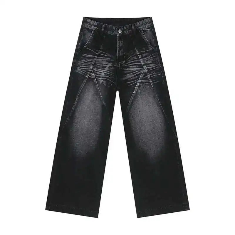 American Style Men's Denim Jeans - Washed Cat Whisker Design with 3D Patchwork, Straight Leg Streetwear Pants for Men (Style 9C8202) | Perfect for Casual Outings, Street Fashion and Everyday Wear