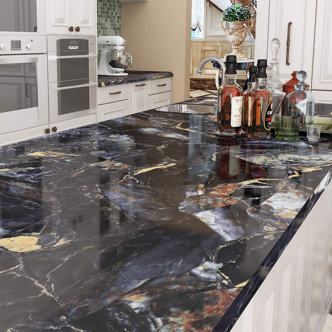 Livelynine Black and Gold Marble Contact Paper - 197