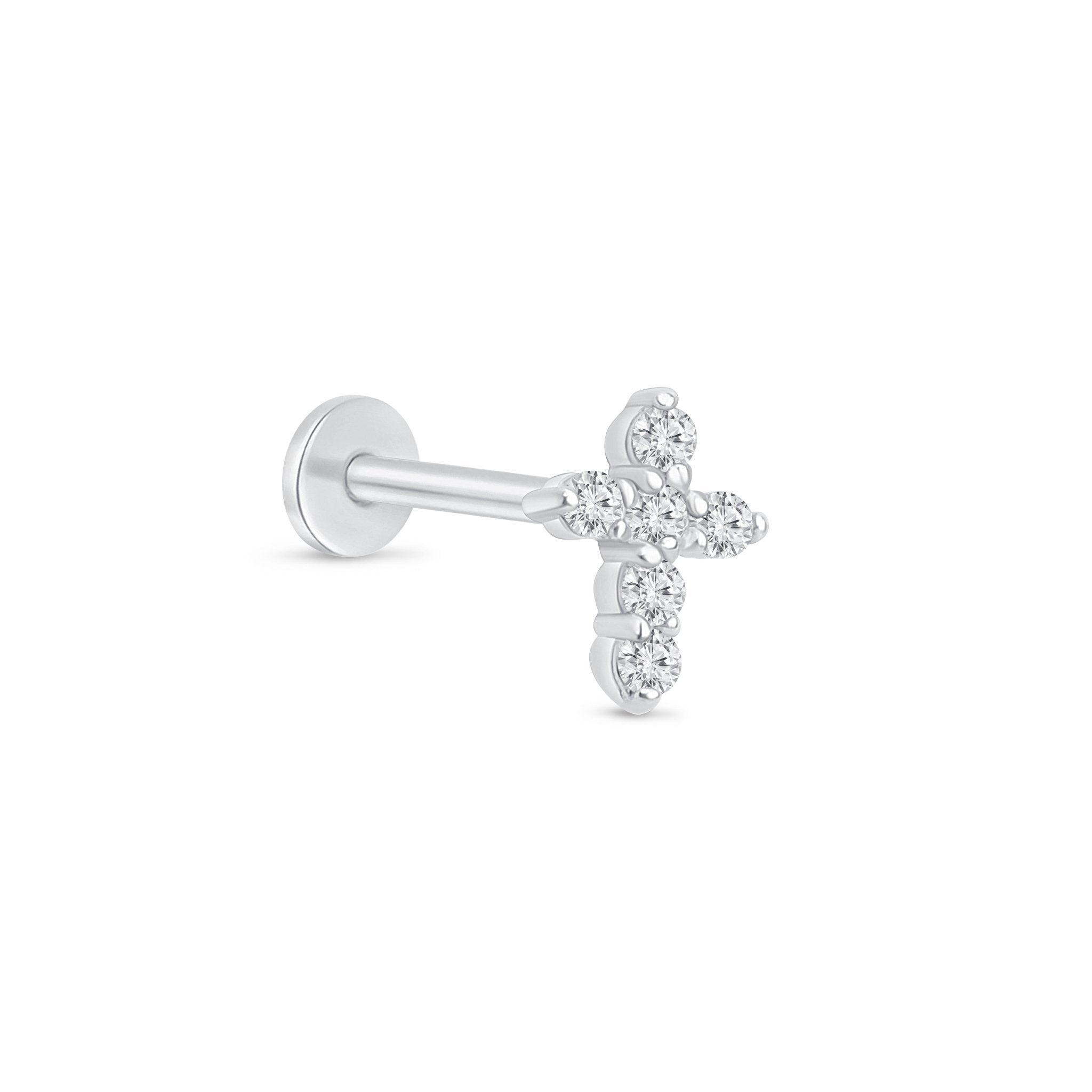 14K White Gold Diamond Pavé Cross Stud Earrings - Hypoallergenic Flat Back for Sensitive Ears | Perfect for Everyday Wear, Gifts & Special Occasions