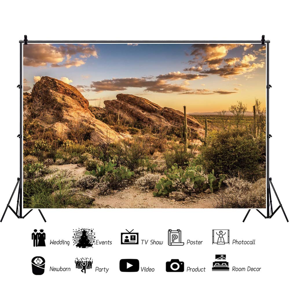 AOFOTO 7x5ft Saguaro National Park Sunset Backdrop - Sonoran Desert Landscape Photography Background with Javelina & Rock Formations | Studio Vinyl Props for Western Wilderness Scenes, Portrait & Event Photography