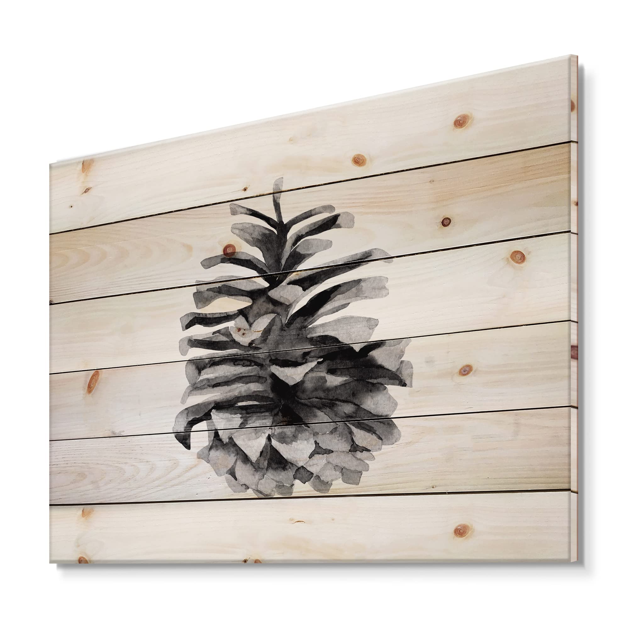 DesignQ Conifer Cone Monochrome Wood Wall Art - Black Traditional Wood Decor, Large Floral Pine Wood Panel for Living Room, Bedroom & Office Decoration