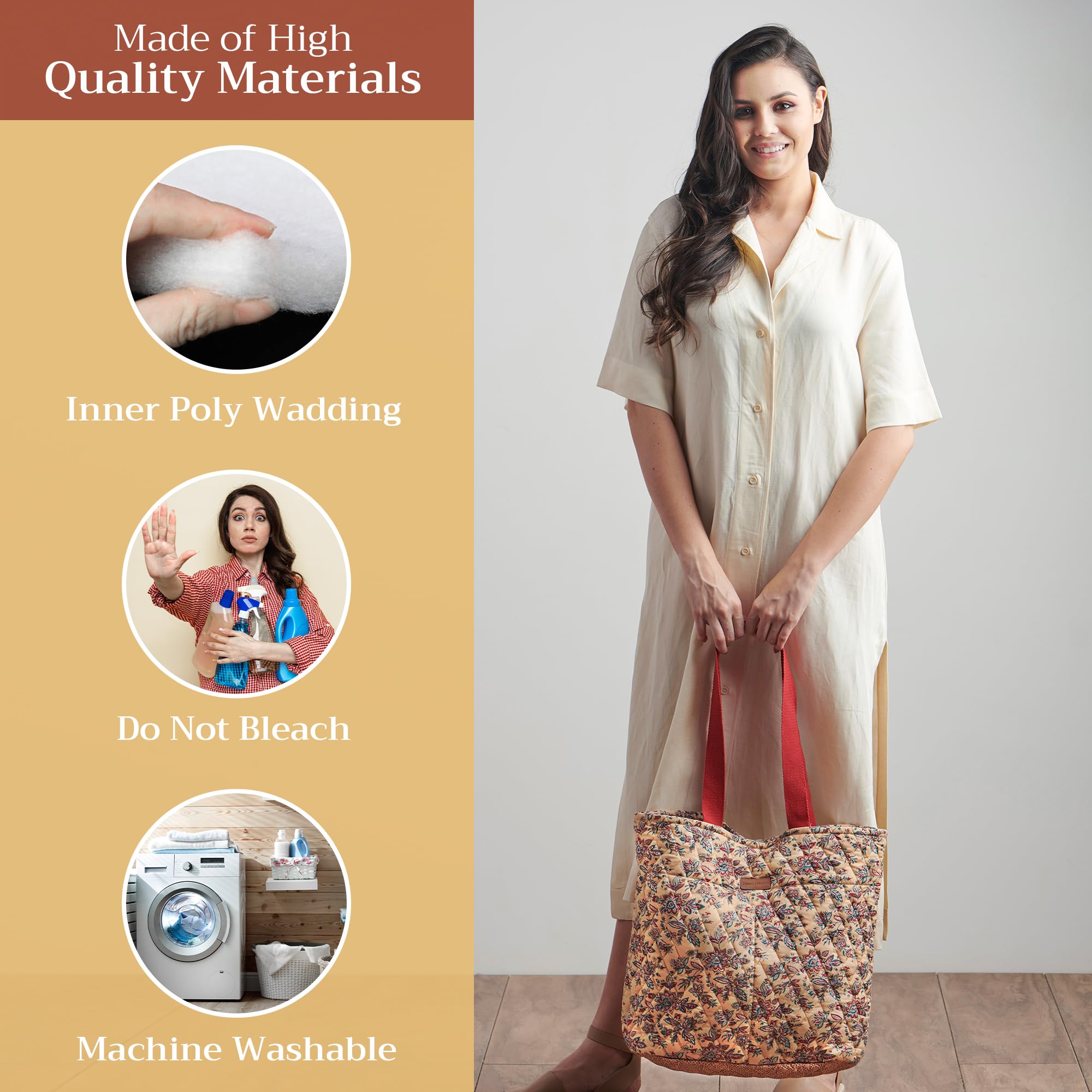 Maison d'Hermine Quilted Cotton Tote Bag with Zipper Pockets & Detachable Pouch - Stylish Shopping Bag for Work, Travel, Groceries & Lunch