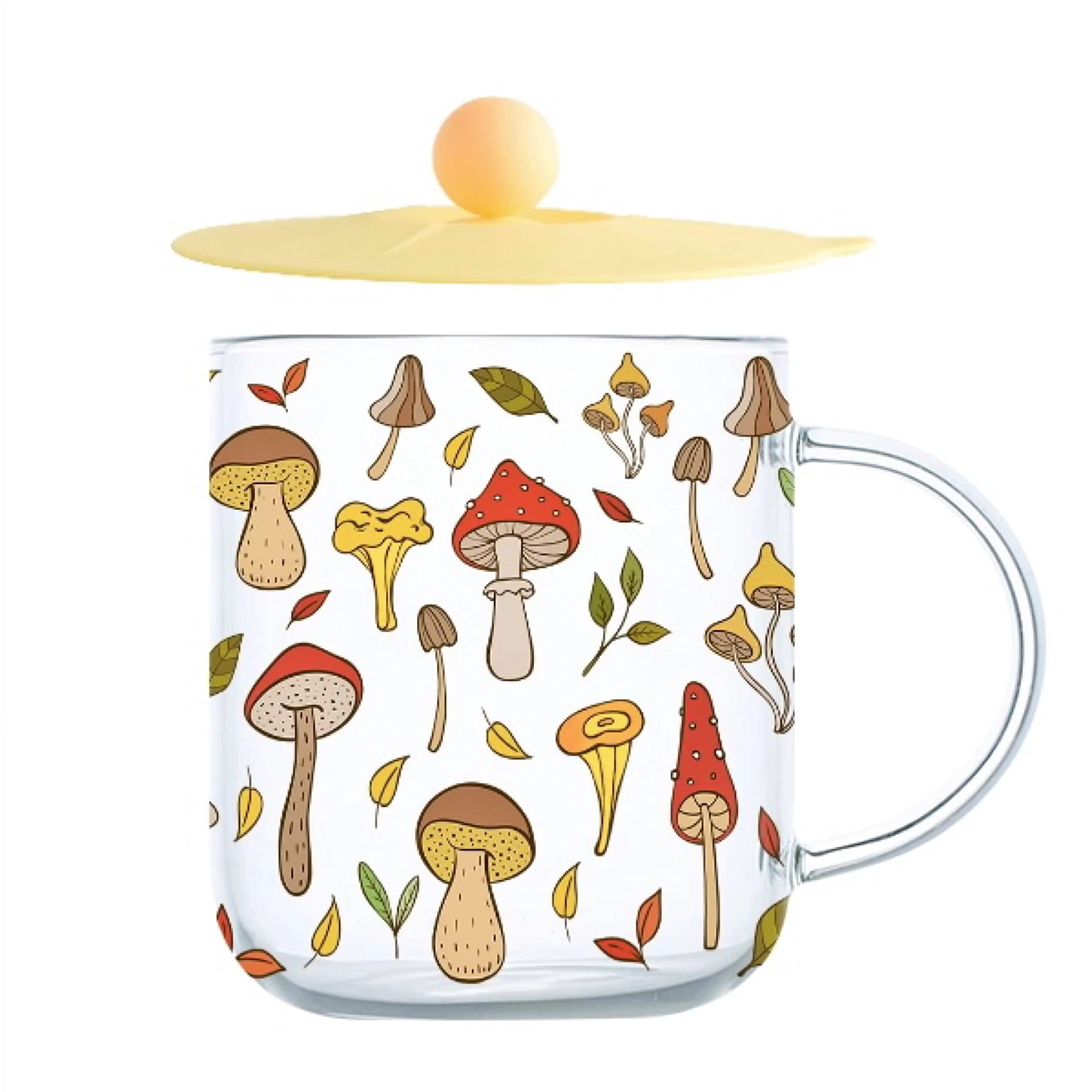 Premium Borosilicate Glass Mushroom Mug with Silicone Lid - 15.2oz Heat-Resistant Drinking Cup for Coffee, Tea & Hot Beverages - Modern Mushroom-Themed Home & Office Use - Gift for Adults & Plant Lovers