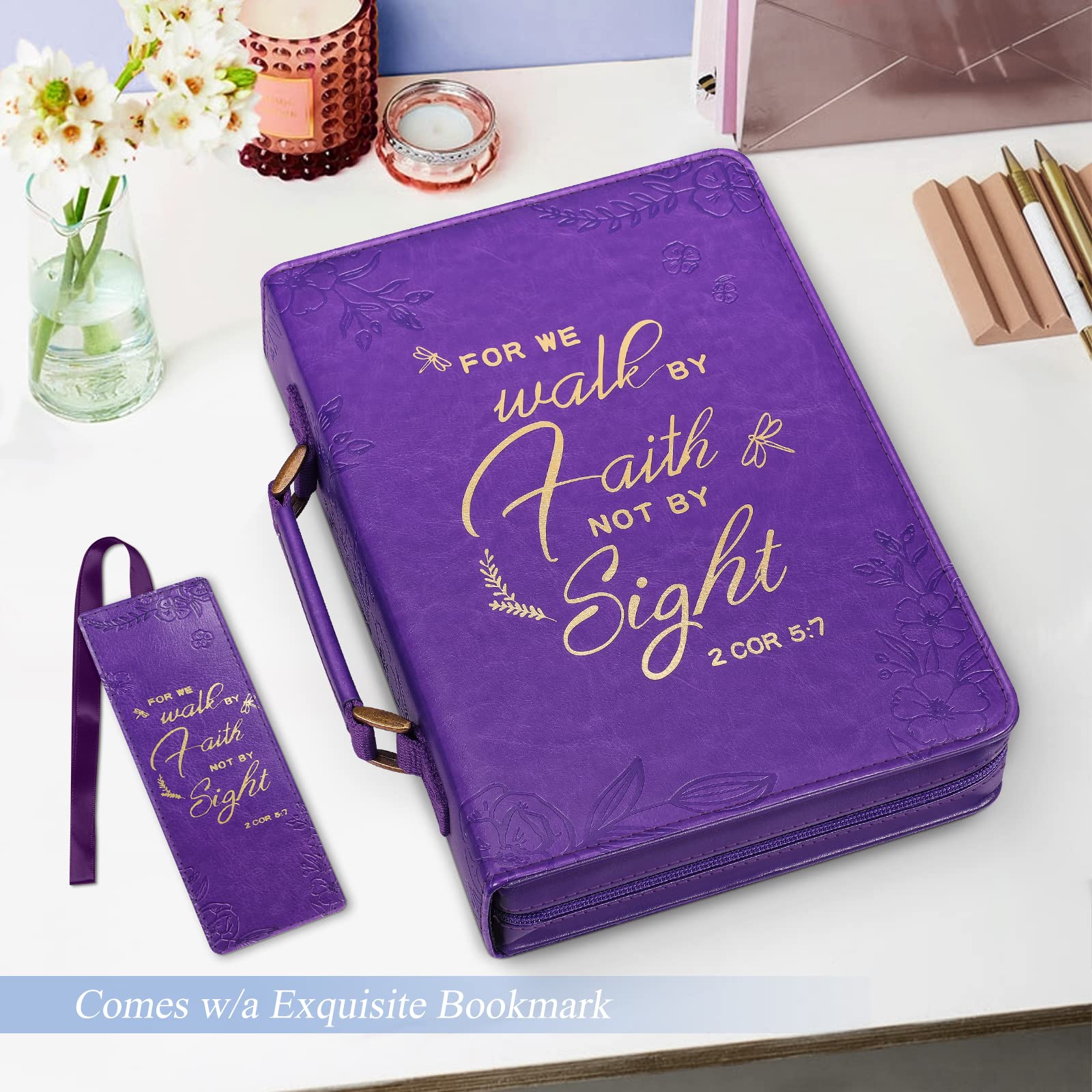 FINPAC Large Classic Vegan Leather Bible Cover with Handle - Protective Bible Carrying Case for Church, Travel & Daily Use - Perfect Gift for Women, Mothers & Friends (Purple)
