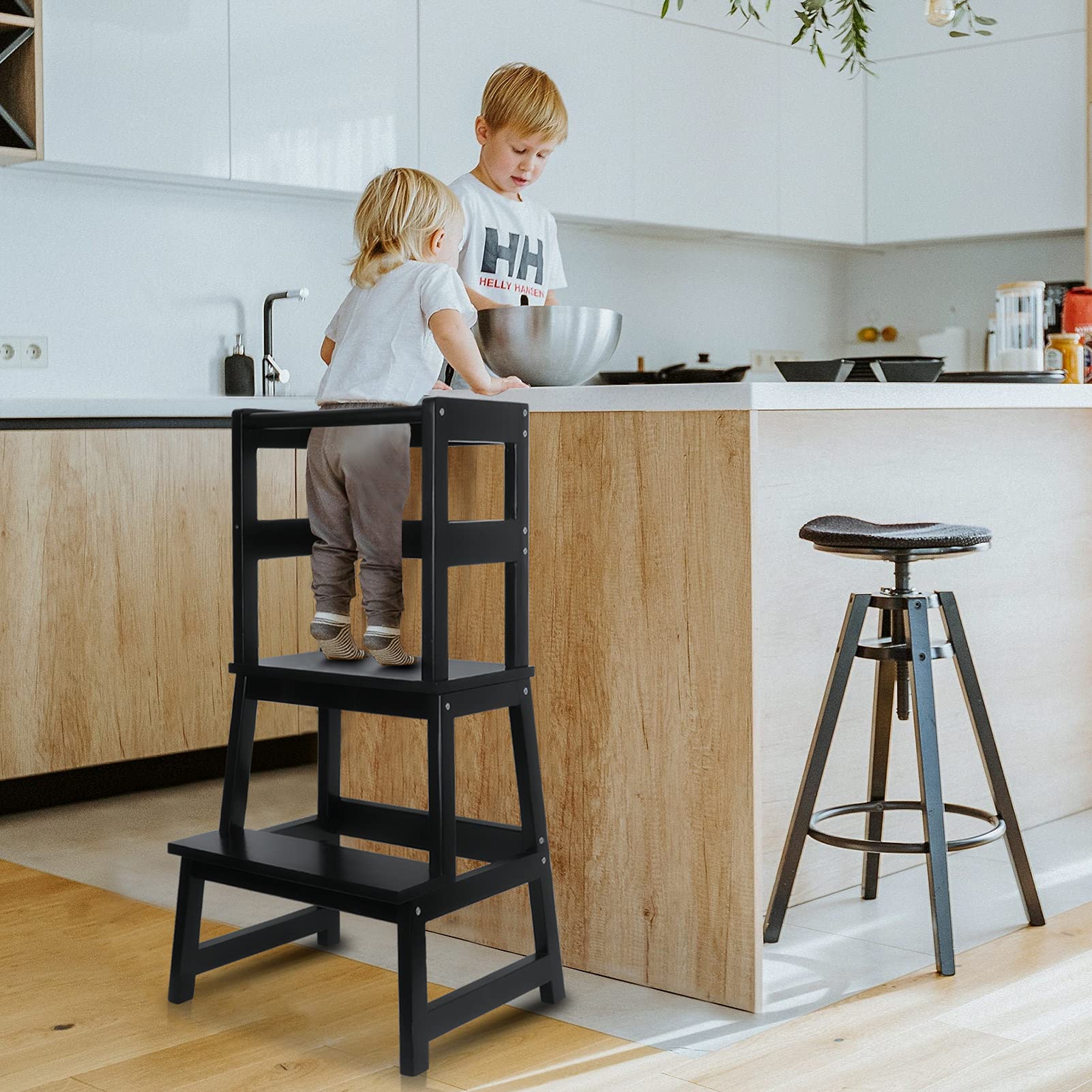 WishaLife Kids Kitchen Step Stool with Safety Rail - Toddler Learning Tower for Kitchen Counter - Solid Wood Step Stool for Children 18+ Months - Perfect for Baking, Cooking & Learning Independence