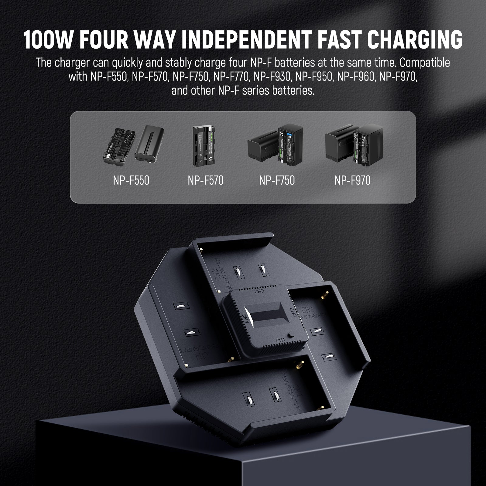 NEEWER NW F4+NW F970 7800mAh Replacement Batteries & 4-Channel Fast Charger for DSLR Cameras - Perfect for Photography, Videography, and Professional Studio Use