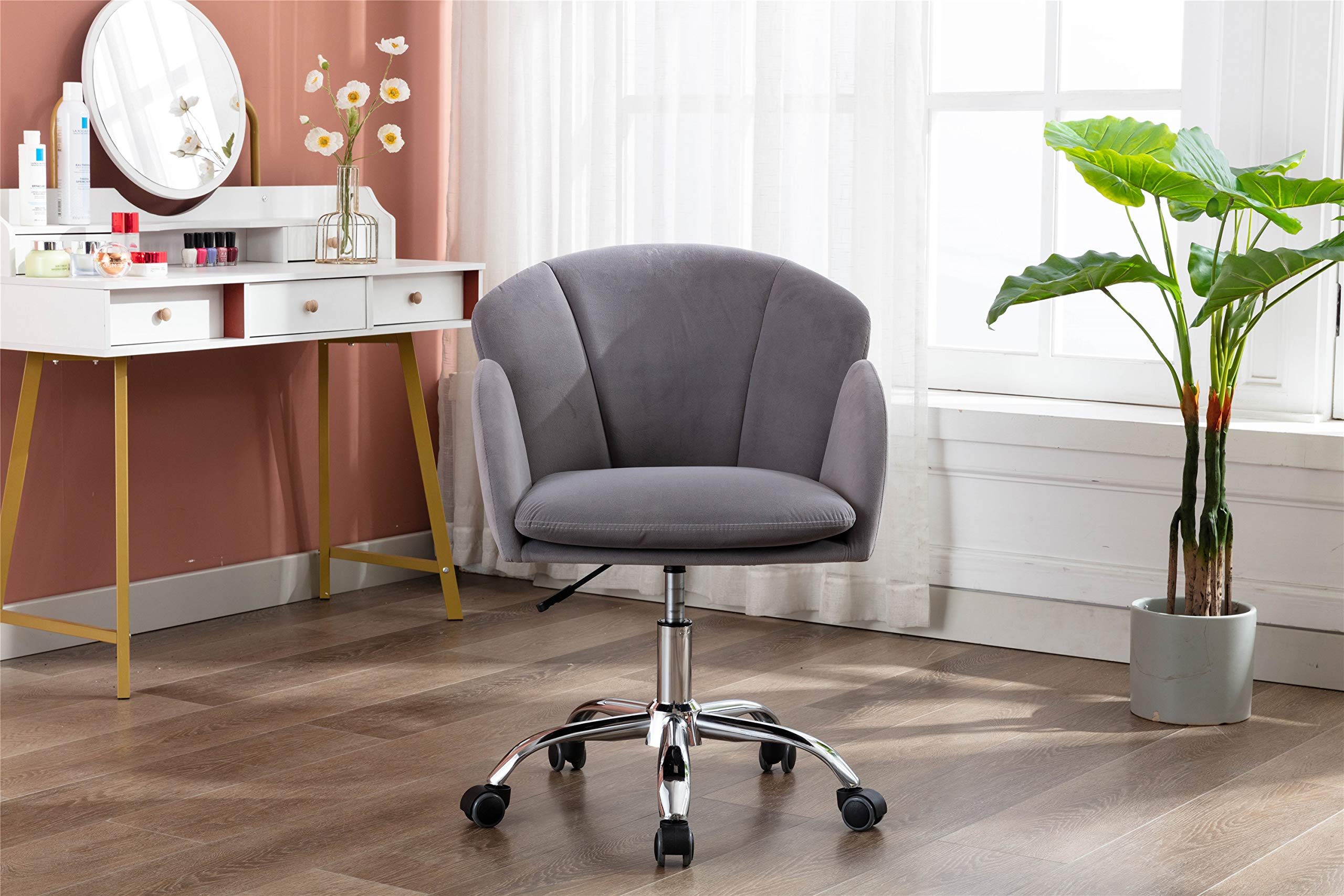 Velvet Office Desk Chair - 360° Swivel Adjustable Height Tufted Upholstered Armchair with Padded Seat | Ergonomic Comfort for Home Office, Study, Bedroom & Living Room | Modern Accent Chair for Work, Gaming & Relaxation (Gray)