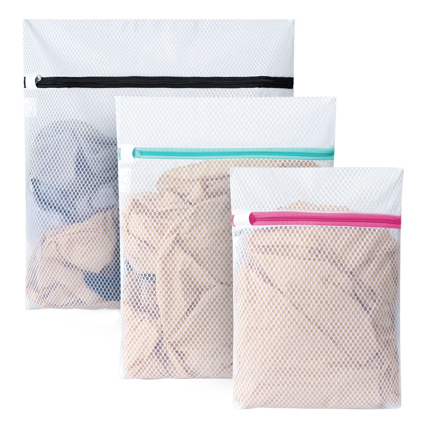 BAGAIL 3-Pack Honeycomb Mesh Laundry Bags with Zipper Lock - Delicate Wash Bags for Blouses, Hosiery, Stockings, Underwear & Lingerie - Travel Storage Organizer for Clothes Protection (Perfect for Hotels, Dorms & Camping Trips)