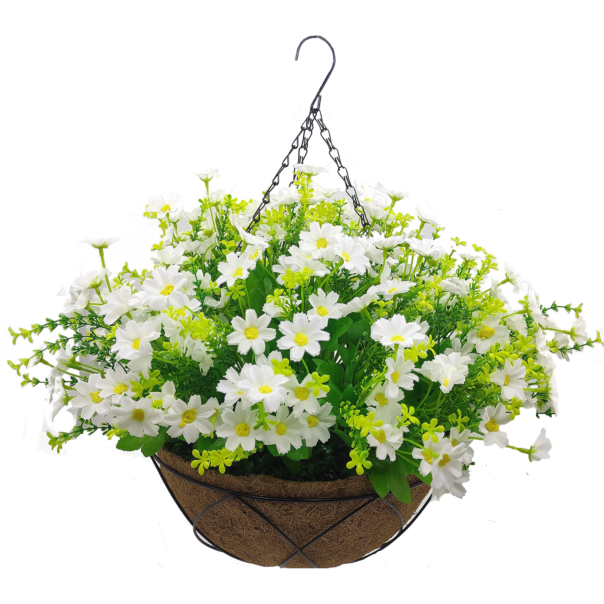 12 Inch Artificial Hanging Flowers with Basket - Fake Daisy Flowers in Coconut Lining for Indoor Outdoor Decor - Perfect for Patio, Garden, Porch & Home Decoration (White)