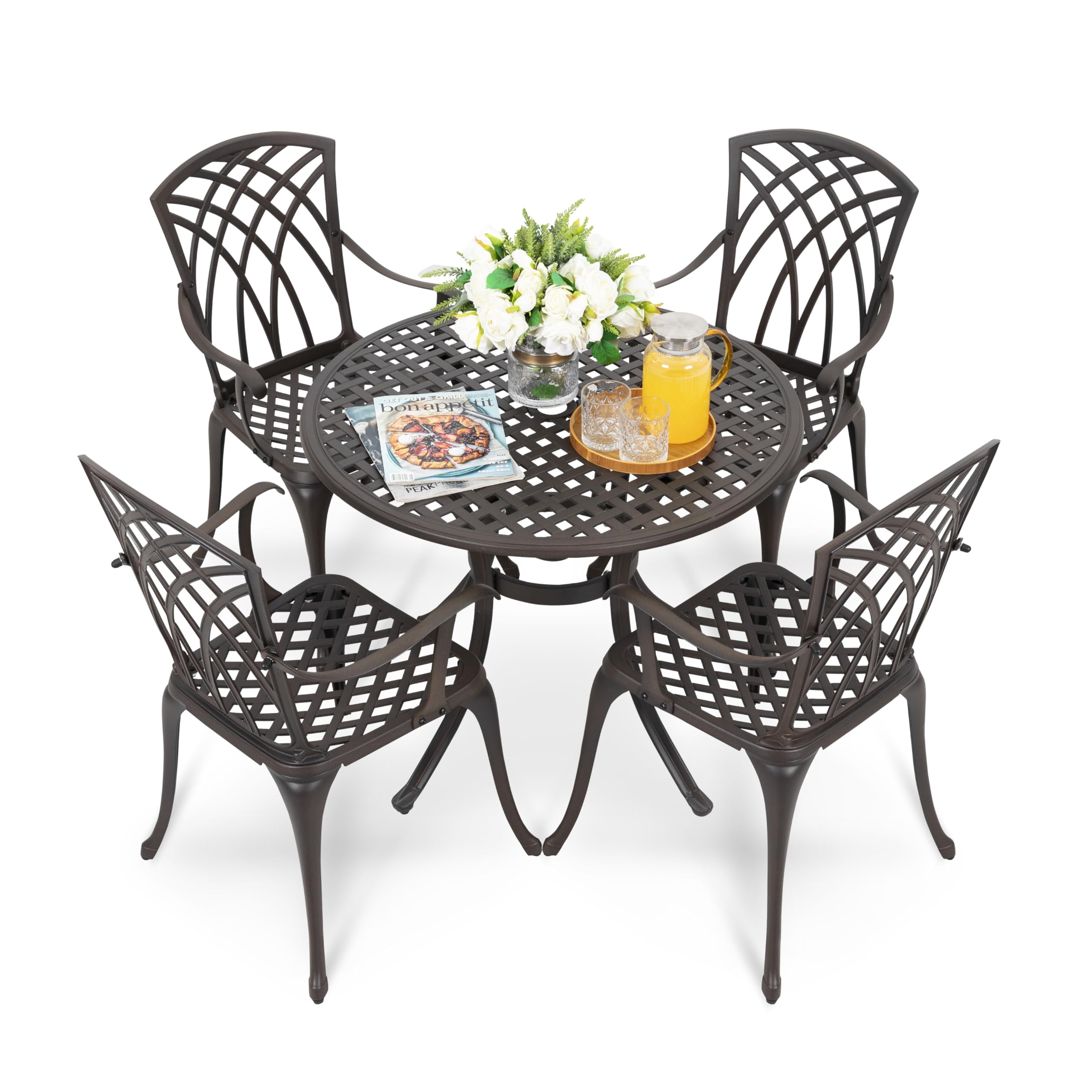 NUU GARDEN 5-Piece Outdoor Patio Dining Set - All-Weather Round Cast Aluminum Table with 1.97