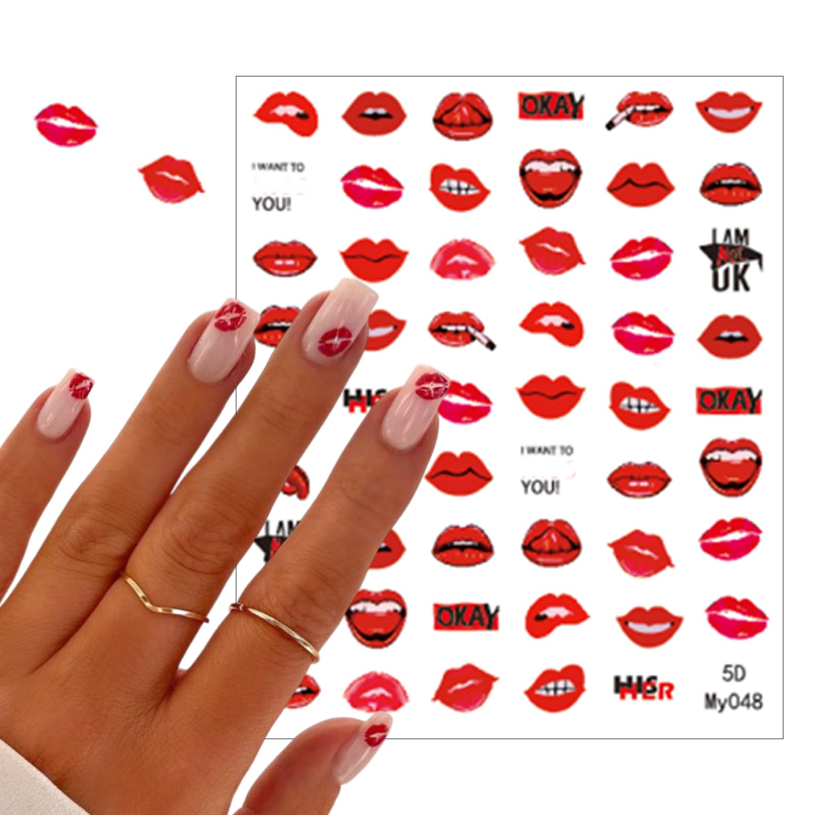 3D Embossed Valentine's Day Nail Art Stickers - 5D Self-Adhesive Lip Design Nail Decals for Women | Colorful Red Lips Nail Supplies & Accessories | Perfect for Valentine's Dates, Bridal Showers & Girls Night Out
