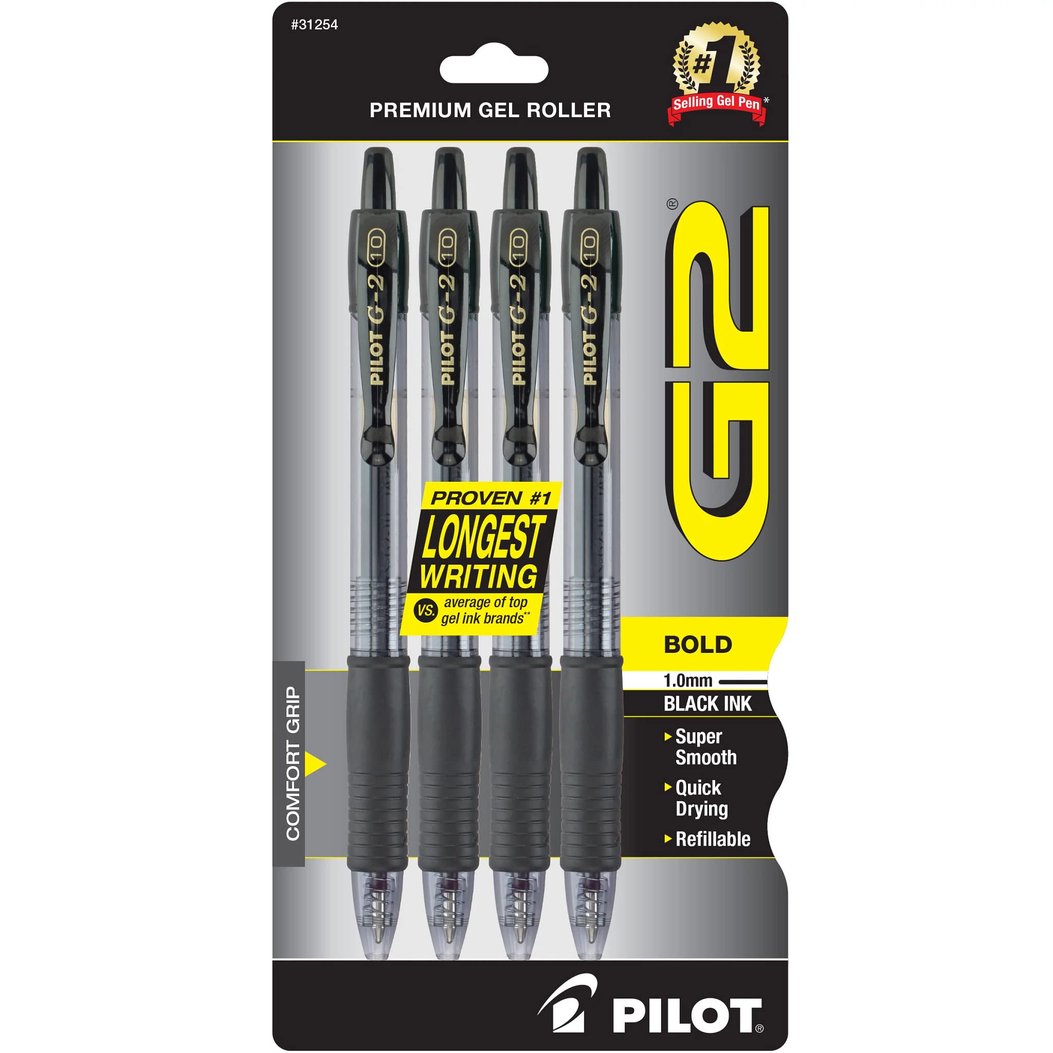 Pilot G2 Premium Gel Roller Pens - 1mm Bold Point Black Ink (4-Pack) - Smooth Writing for Office, School & Journaling