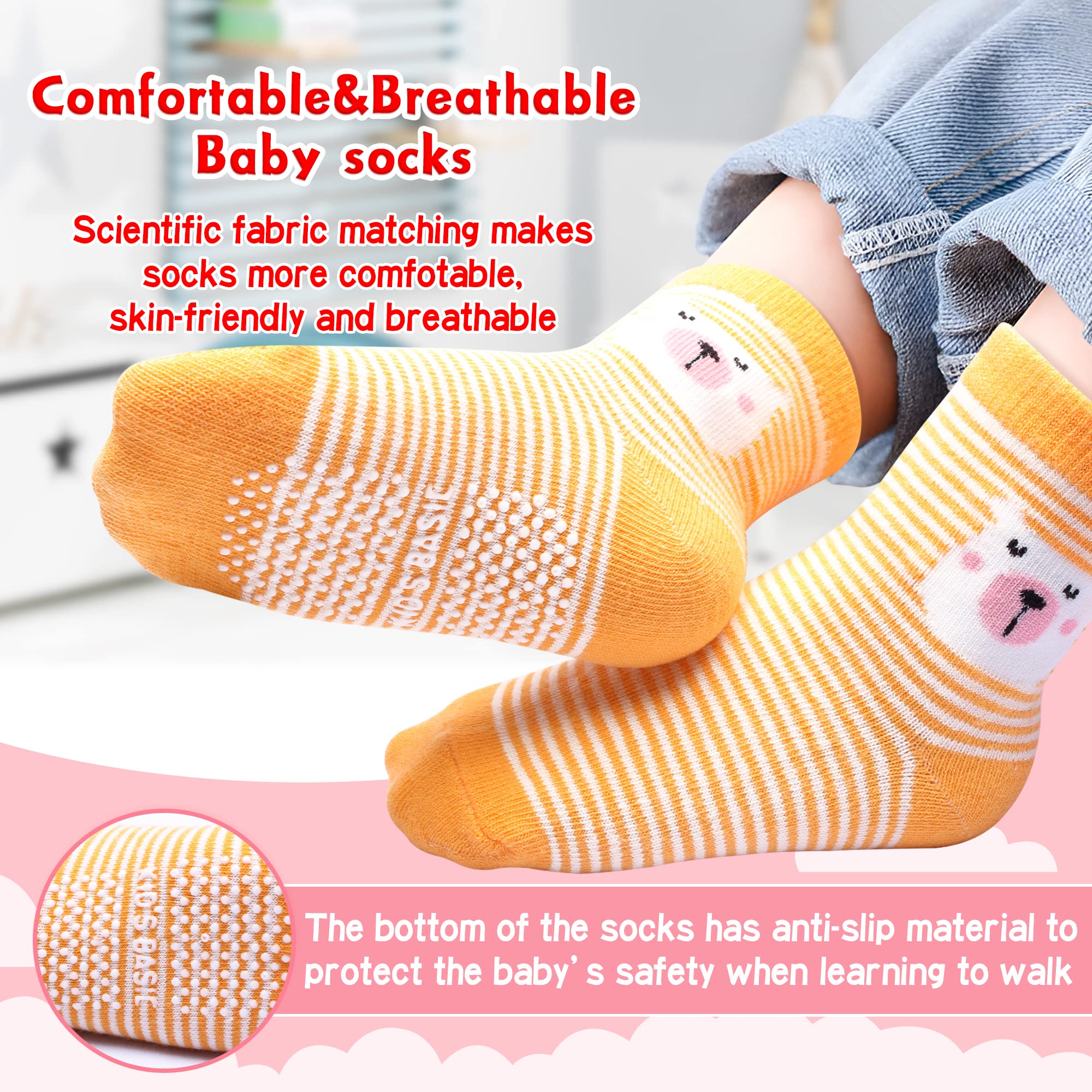 HYzgb Non-Slip Toddler Socks for Boys & Girls 1-7 Years | 12 Pairs Cotton Crew Socks (12-24 Months) | Perfect for Playtime, Daycare & First Steps