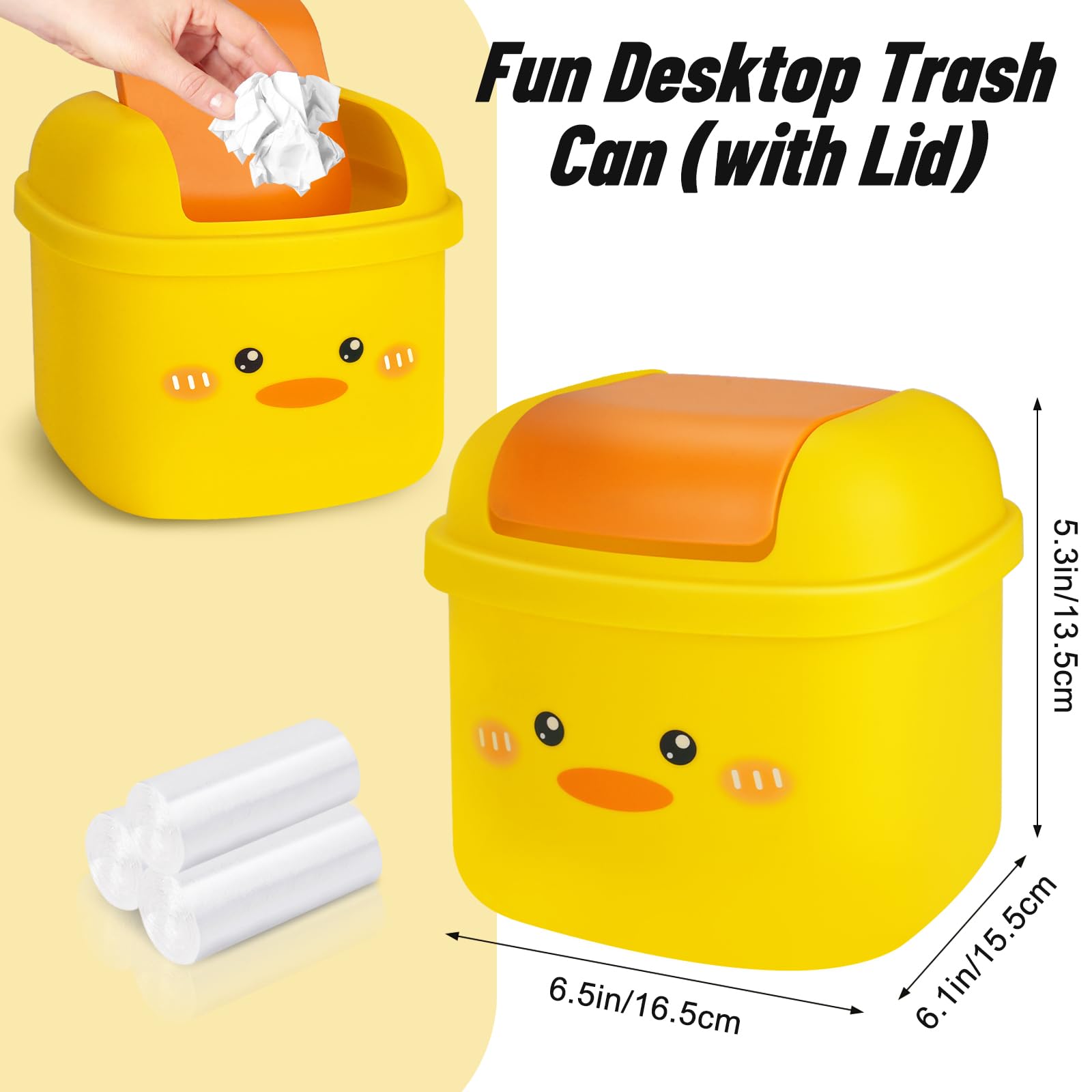 Cute Small Trash Can with Flip Lid - Mini Desktop Garbage Bin in Kawaii Cartoon Animal Shape for Bedroom, Bathroom, Kitchen & Office - Perfect for Home, Dorm, Desk & Vanity Organization (Yellow)