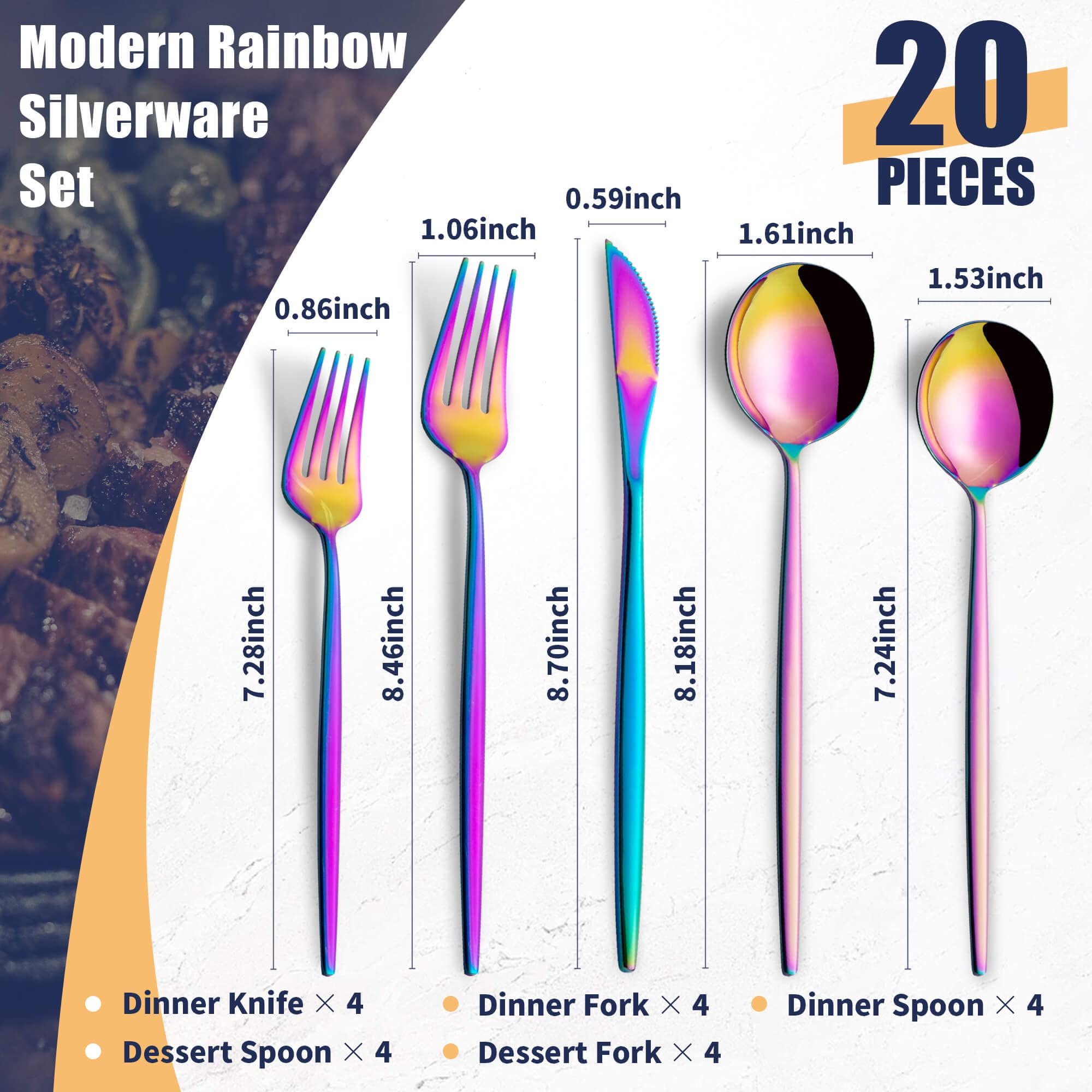 20-Piece Rainbow Stainless Steel Flatware Set - Forks, Spoons & Knives for 4 - Elegant Cutlery Set for Home & Restaurant Use - Dishwasher Safe - Perfect for Dinner Parties, Weddings & Everyday Dining