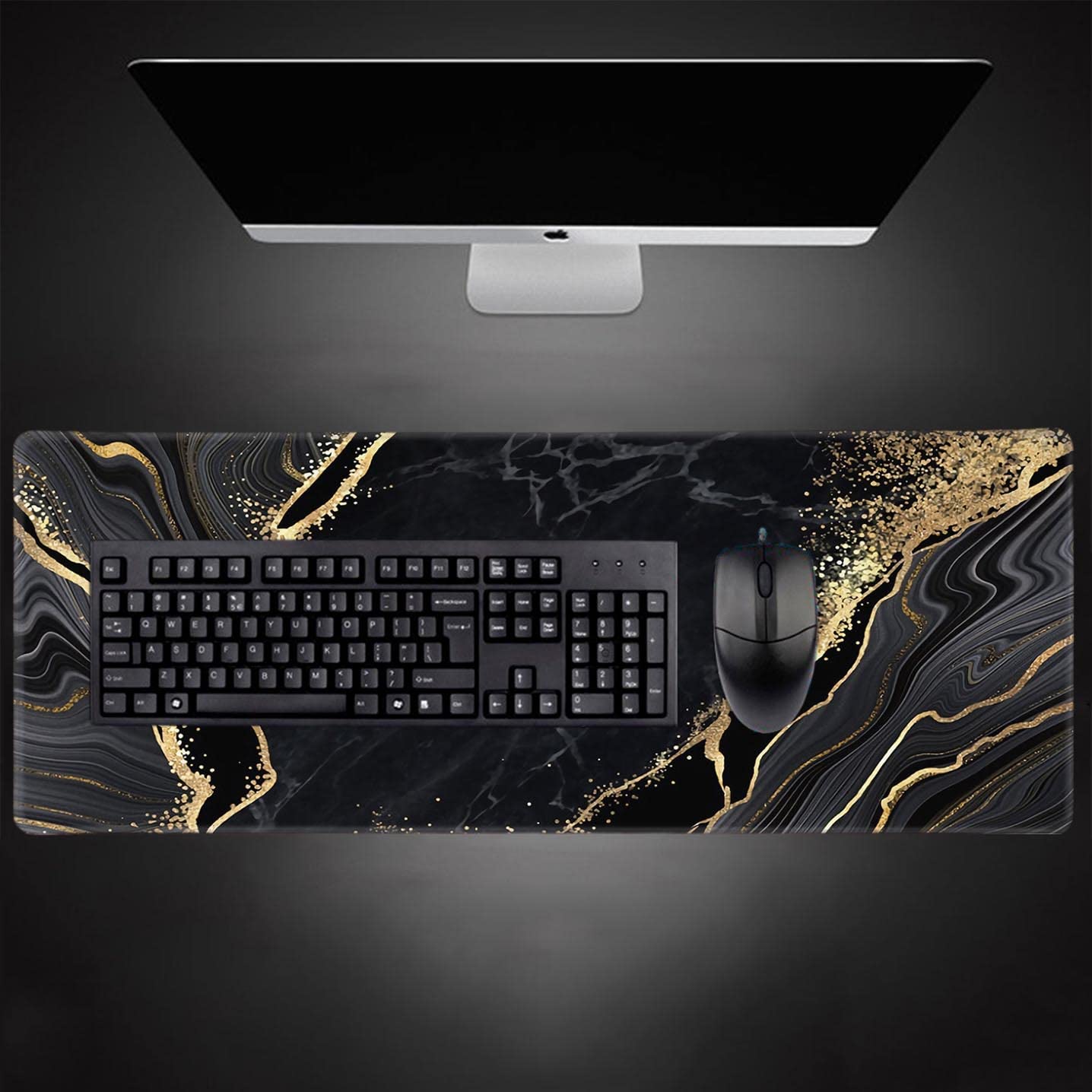 Large Gaming Mouse Pad - Anti-Slip Rubber Base for Office & Home, Black Gold Marble Design for PC Laptop Desk