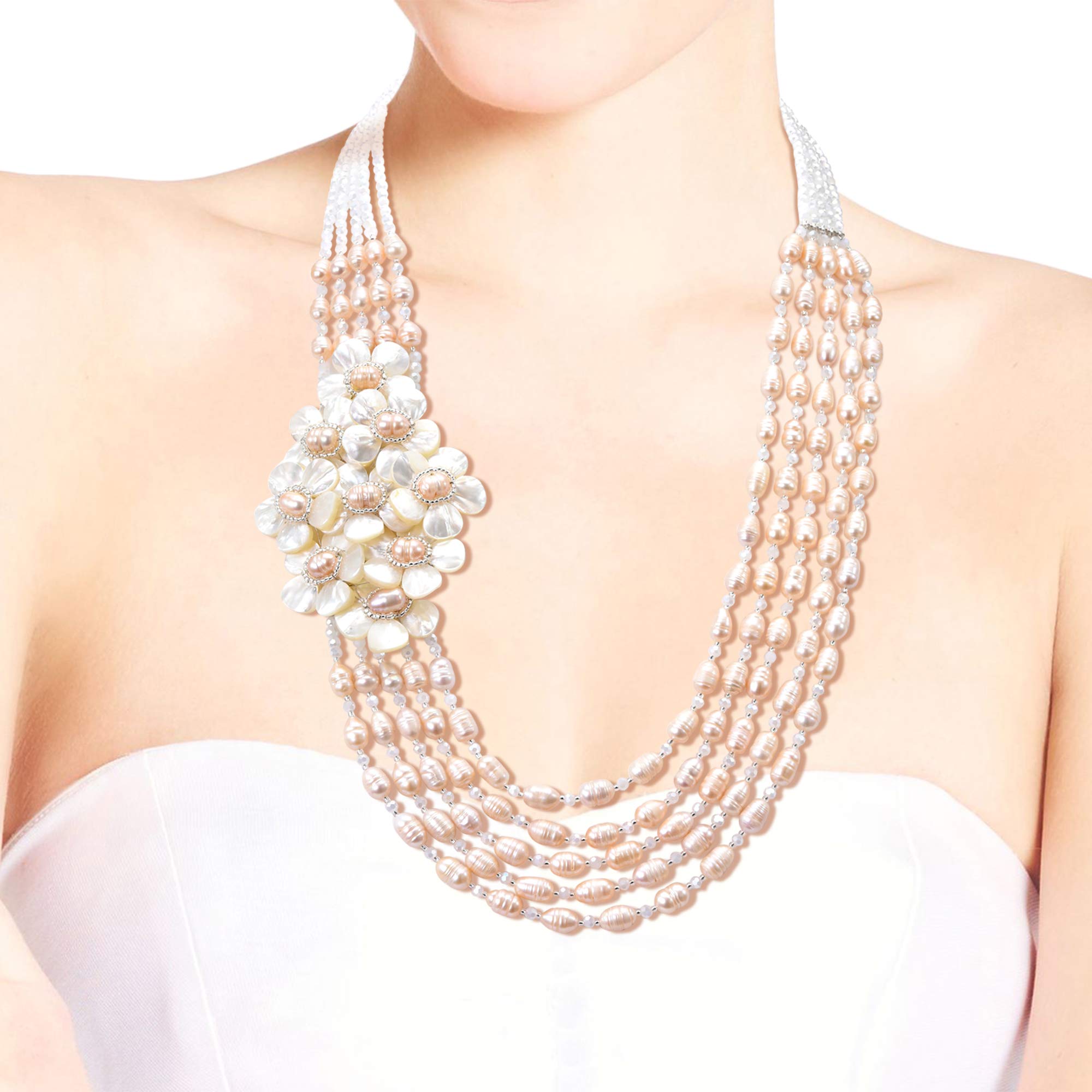 Elegant Cultured Freshwater Pearl & Crystal Beaded Floral Cluster Statement Necklace for Women - Perfect for Weddings, Parties & Special Occasions