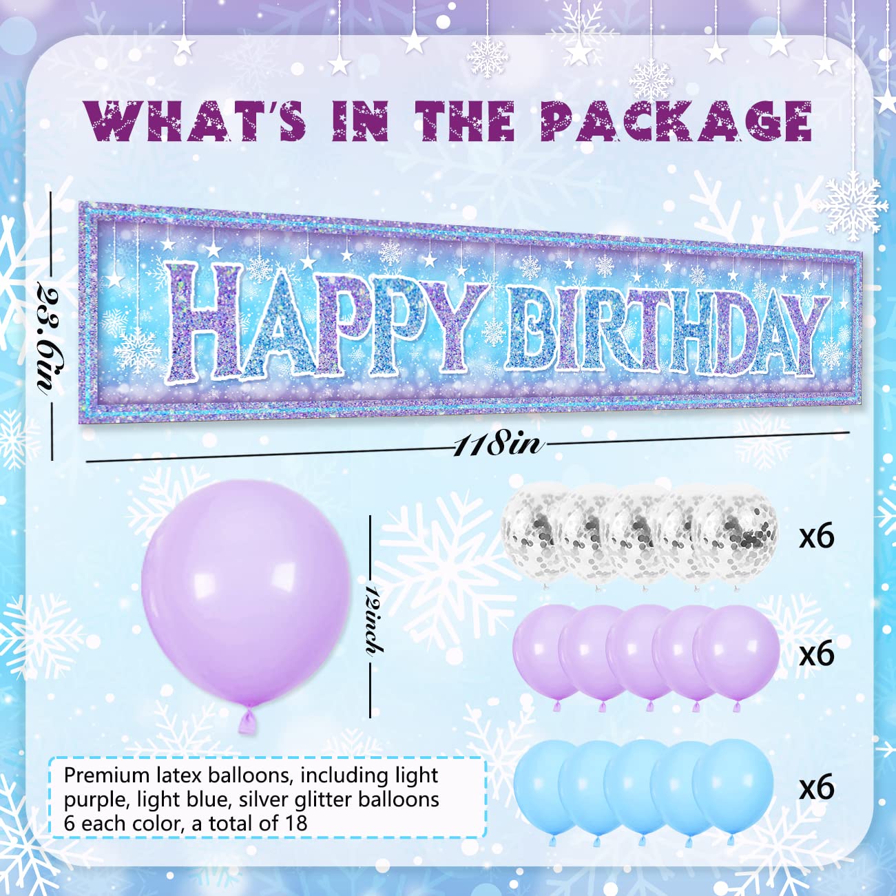 Large Christmas Snowflake Happy Birthday Banner - 18-Piece Snowflake Balloon Set with Elsa & Anna Princess Theme for Girls Birthday Party Decorations, Backdrop, Yard Sign - Perfect for Frozen-Themed Parties, Winter Celebrations & Holiday Events