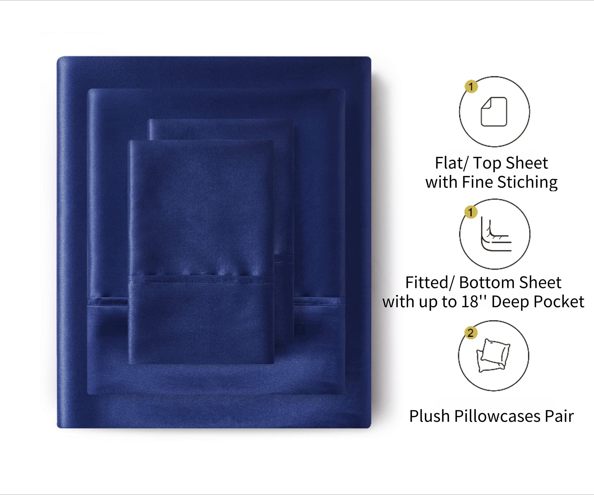 Luxury Silk Satin Bed Sheets Queen Size - 4 Piece Deep Pocket Cooling Soft Hypoallergenic Satin Sheet Set in Navy Blue | Perfect for Hot Sleepers & Allergy Sufferers - Ideal for Master Bedrooms, Guest Rooms & Luxury Hotels