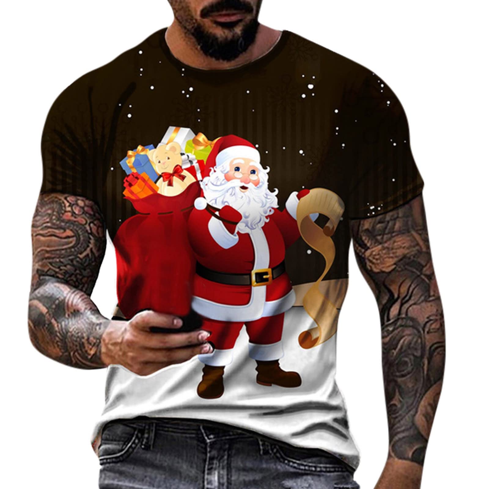 Funny Ugly Christmas Shirt for Men - Santa Claus Graphic Printed Short Sleeve Crewneck T-Shirt - Novelty Holiday Tee - Perfect for Ugly Sweater Parties & Family Gatherings