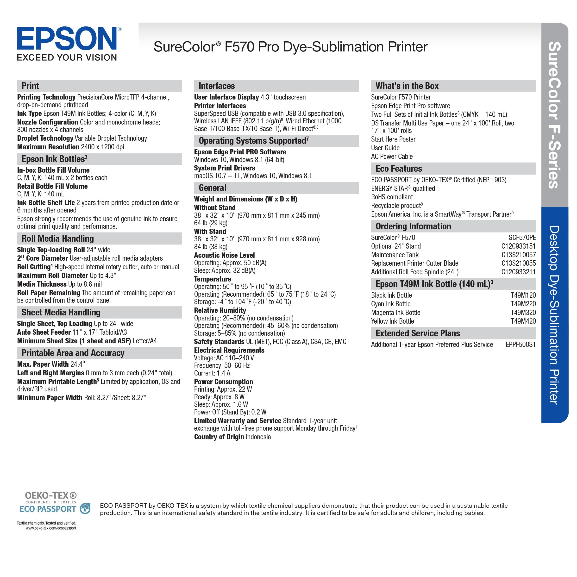Epson SureColor F570 Pro 24-Inch Desktop Sublimation Printer with 2 Full Ink Sets - User Guide, Sublimation Paper & Free Remote Installation - Ideal for T-Shirt Printing, Mugs & Custom Gifts (SCF570PE)