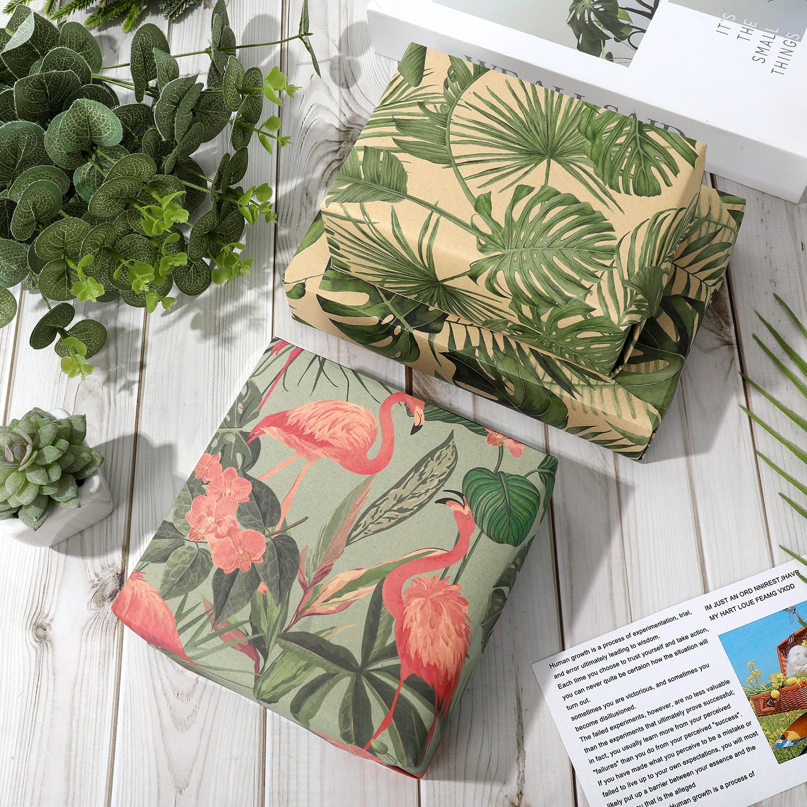 AnyDesign 12-Sheet Tropical Plants & Flamingo Leaves Kraft Wrapping Paper Set - 4 Unique Designs, 19.7 x 27.6 Inch Bulk DIY Gift Wrap for Birthday Parties, Wedding Favors & Craft Projects - Eco-Friendly Folded Flat Art Paper