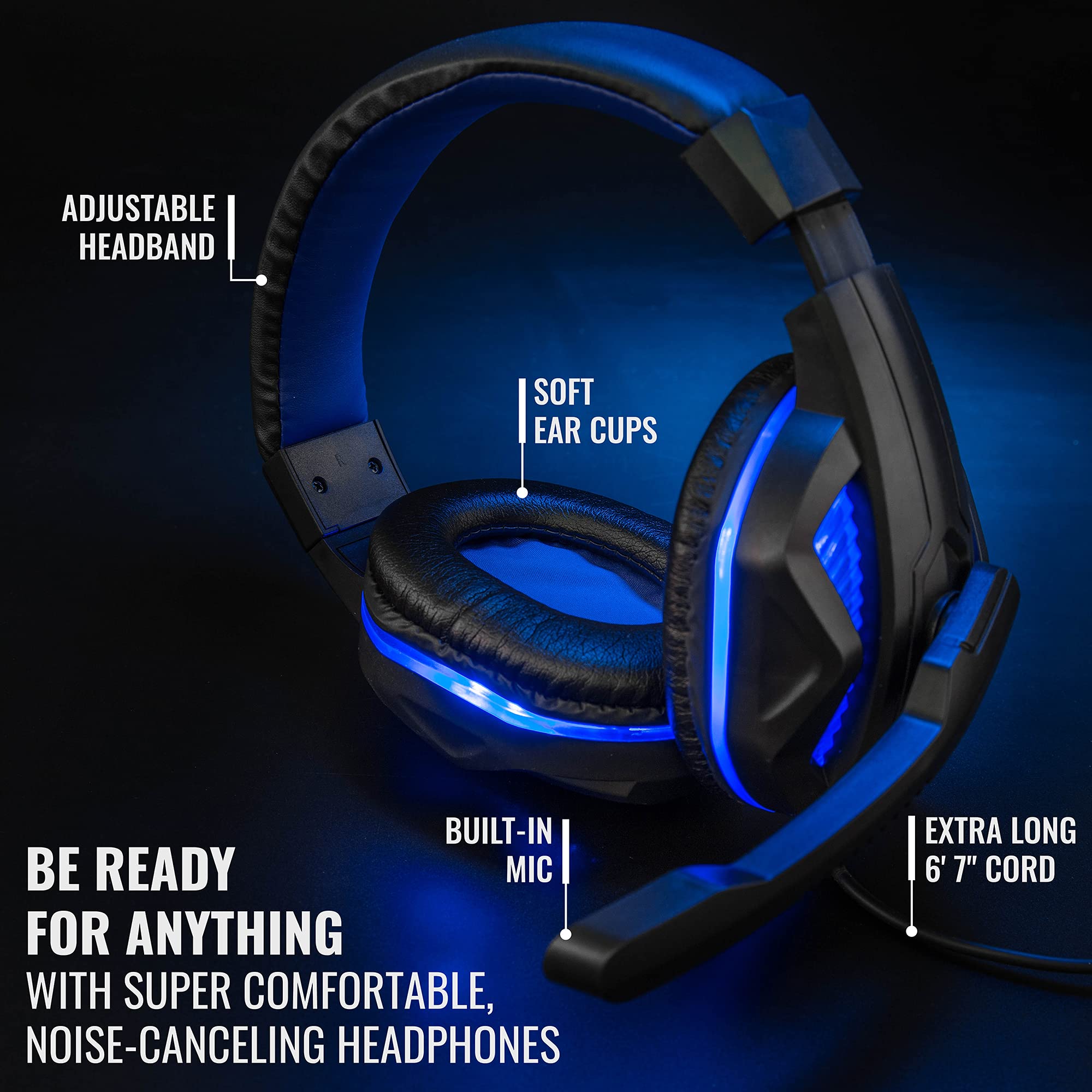 RitzGear Blue Gaming Accessories Kit - 4-in-1 LED Combo with Multimedia Keyboard, Optical Mouse, Mouse Pad & Gaming Headset with Adapter | Compatible with Windows 7+, Mac, Xbox One, PS4 & PC | Perfect for Esports, Streaming & Home Gaming Setup with CR4-X 4