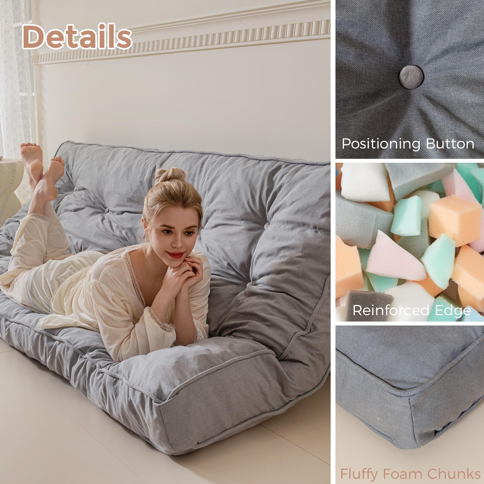 MAXYOYO 8-Inch Thick Futon Sofa Couch Bed - Premium Linen Tufted Futon Mattress for Adults (Mattress Only) in Grey | Perfect for Small Spaces, Guest Rooms & Dorm Rooms
