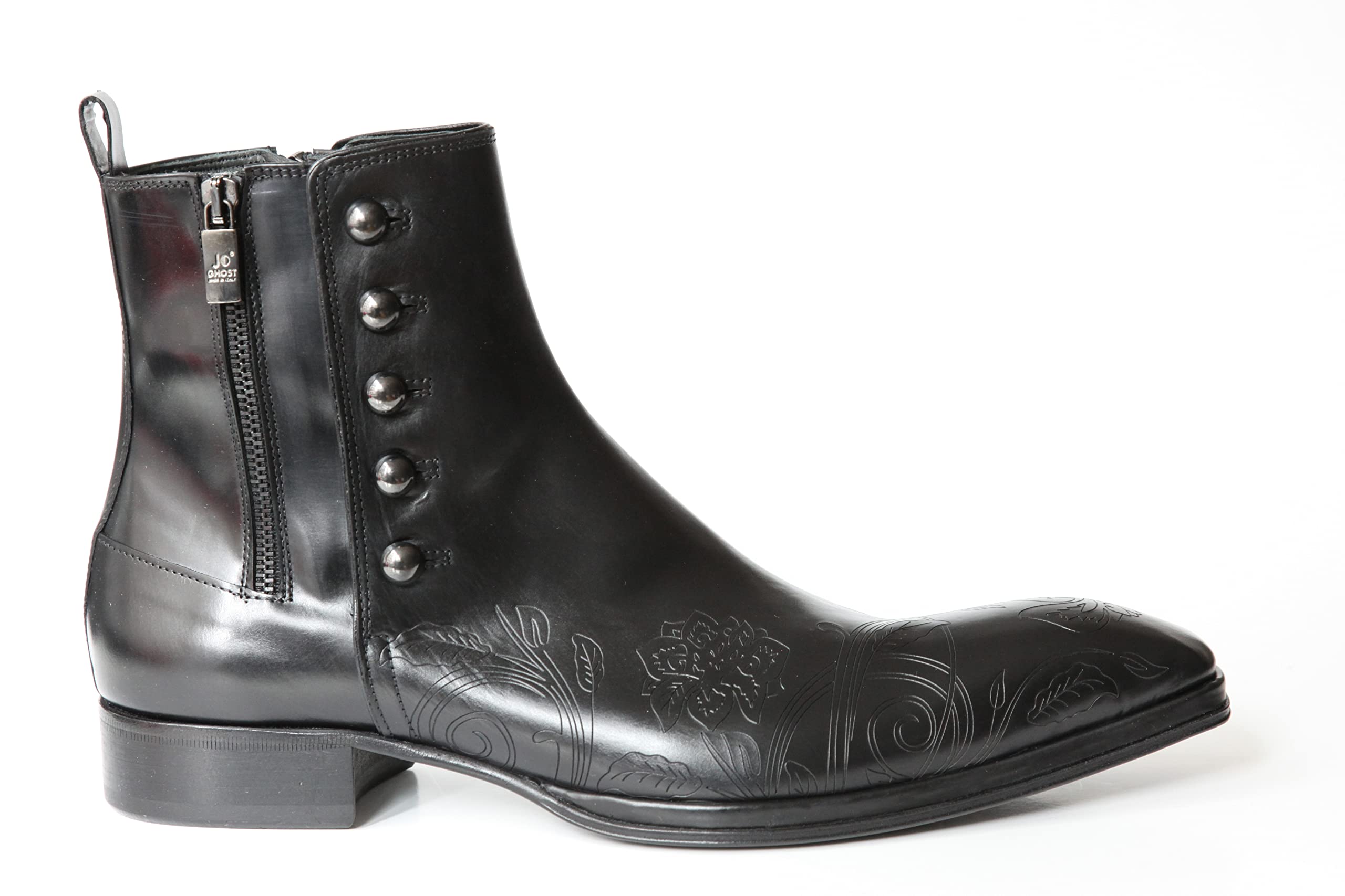Jo Ghost 2720 Italian Black Leather Boots for Women - Laser Print Ankle Boots with Zipper & Buttons - Stylish Winter Fashion Boots for Casual Wear, Night Out & Office