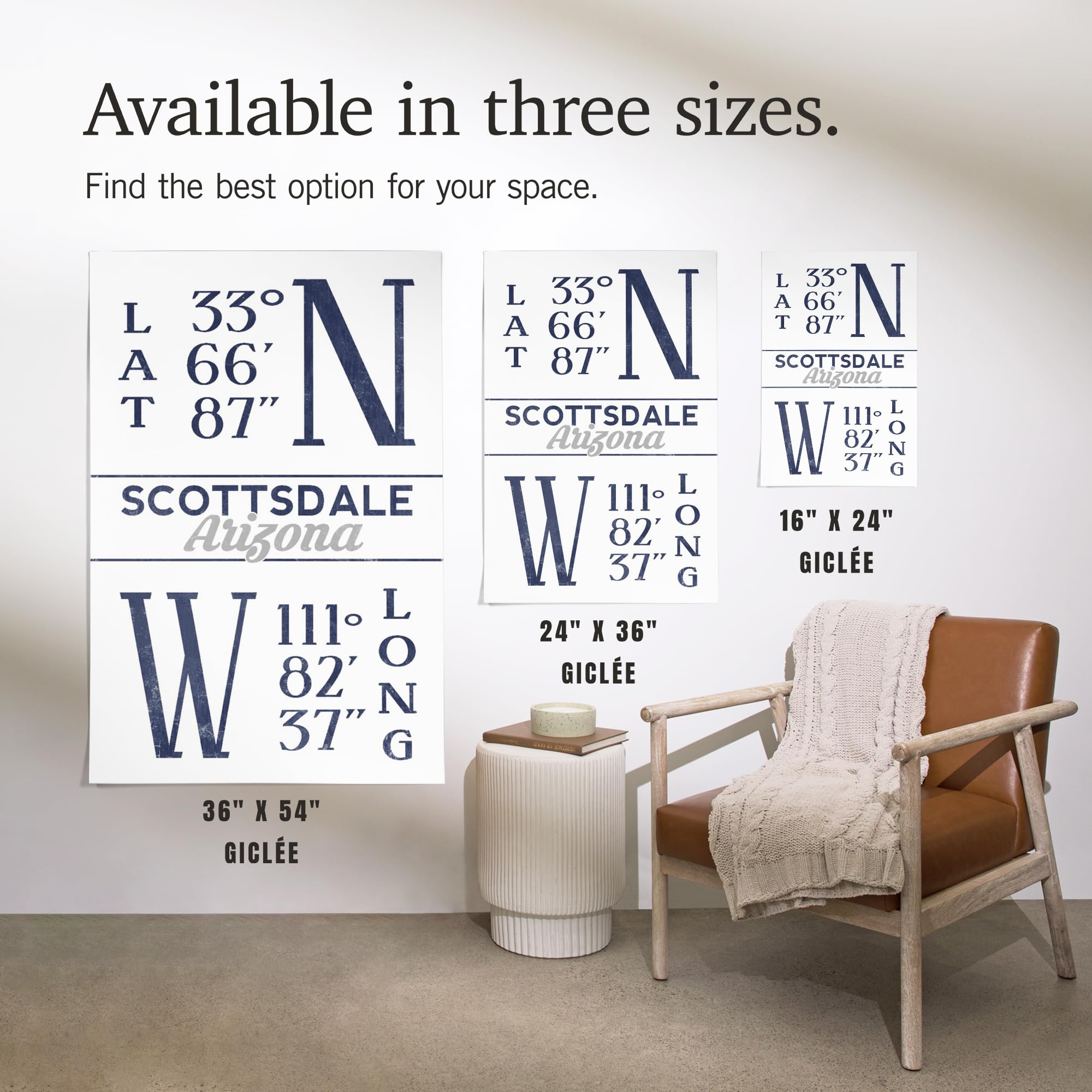 Lantern Press 16x24 Inch Giclee Art Print - Scottsdale Arizona Landscape with Latitude & Longitude Coordinates (Blue) - Perfect for Home Office Decor & Wall Art Gifts