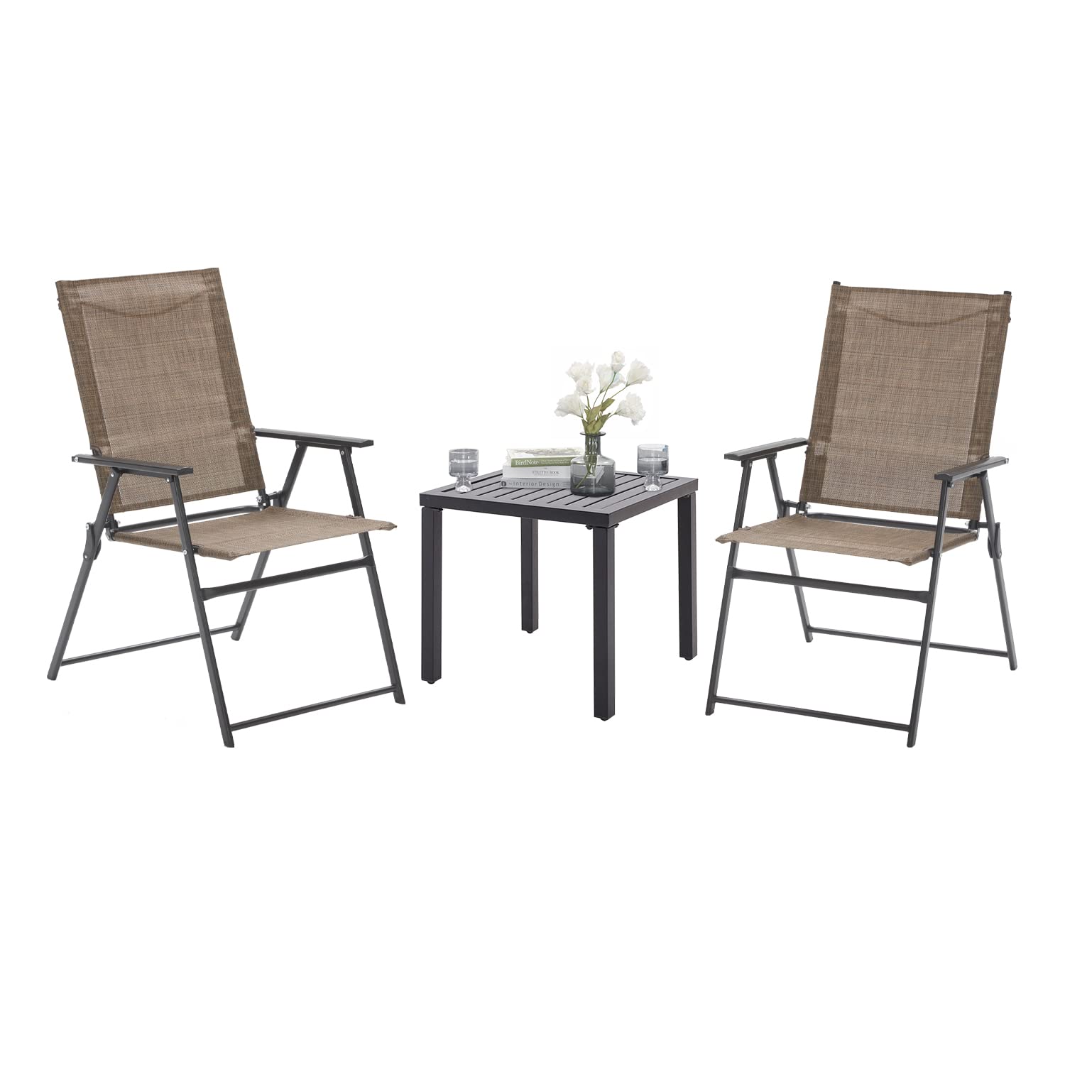 VICLLAX 3-Piece Folding Textilene Bistro Set - Patio Outdoor Furniture with Lawn Chairs & Coffee Table - Brown - Perfect for Backyard, Garden, and Poolside Relaxation