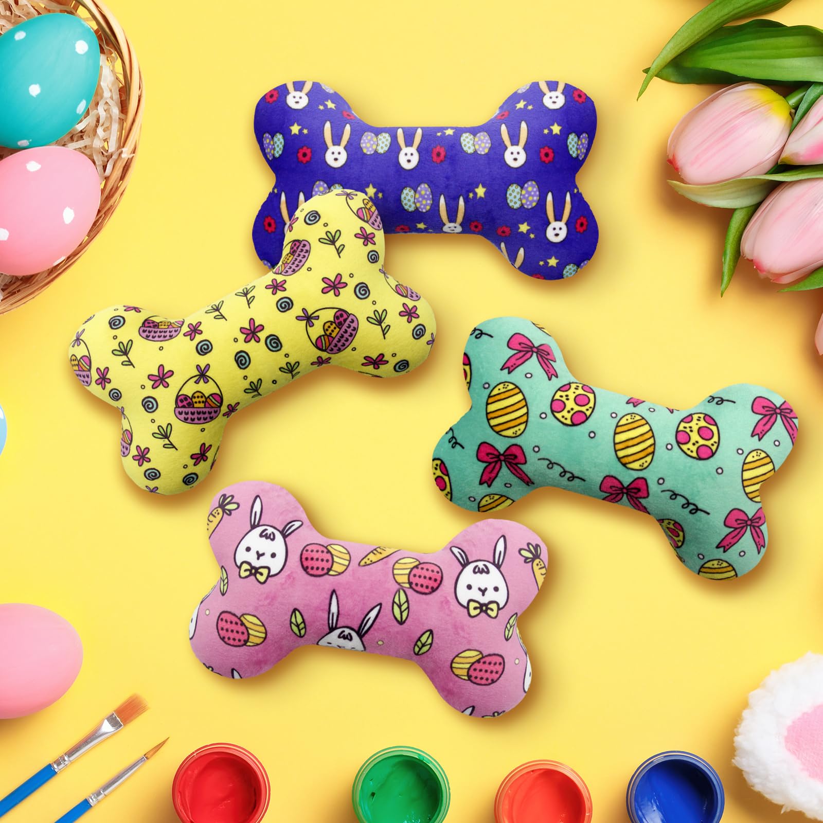 Easter Dog Toys 4 Pack - Plush Squeaky Bone Chew Toys for Small & Medium Dogs - Interactive Pet Gifts for Easter Basket & Spring Playtime