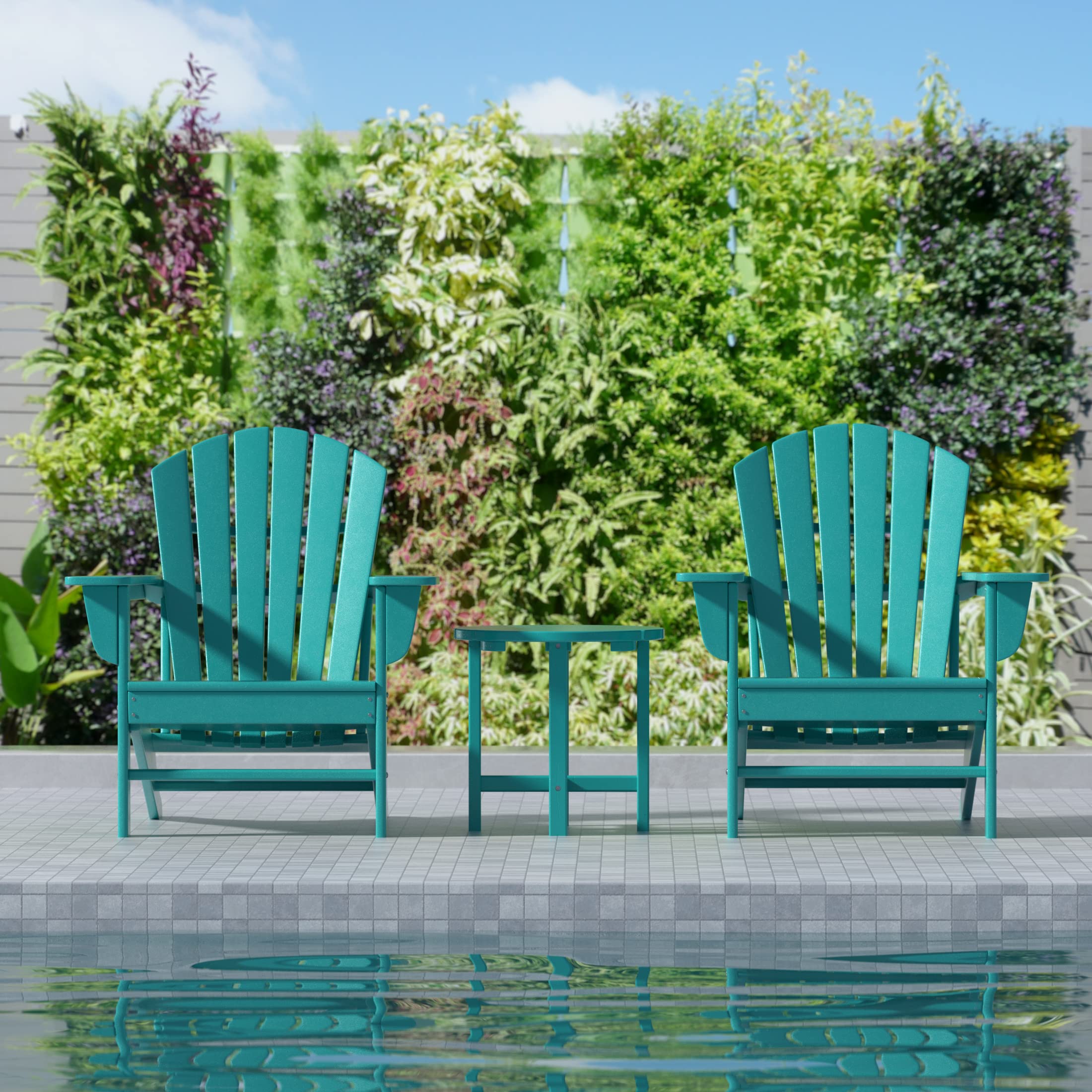 Outdoor Adirondack Chairs Set with Side Table - Turquoise Poly Lumber for Patio & Garden