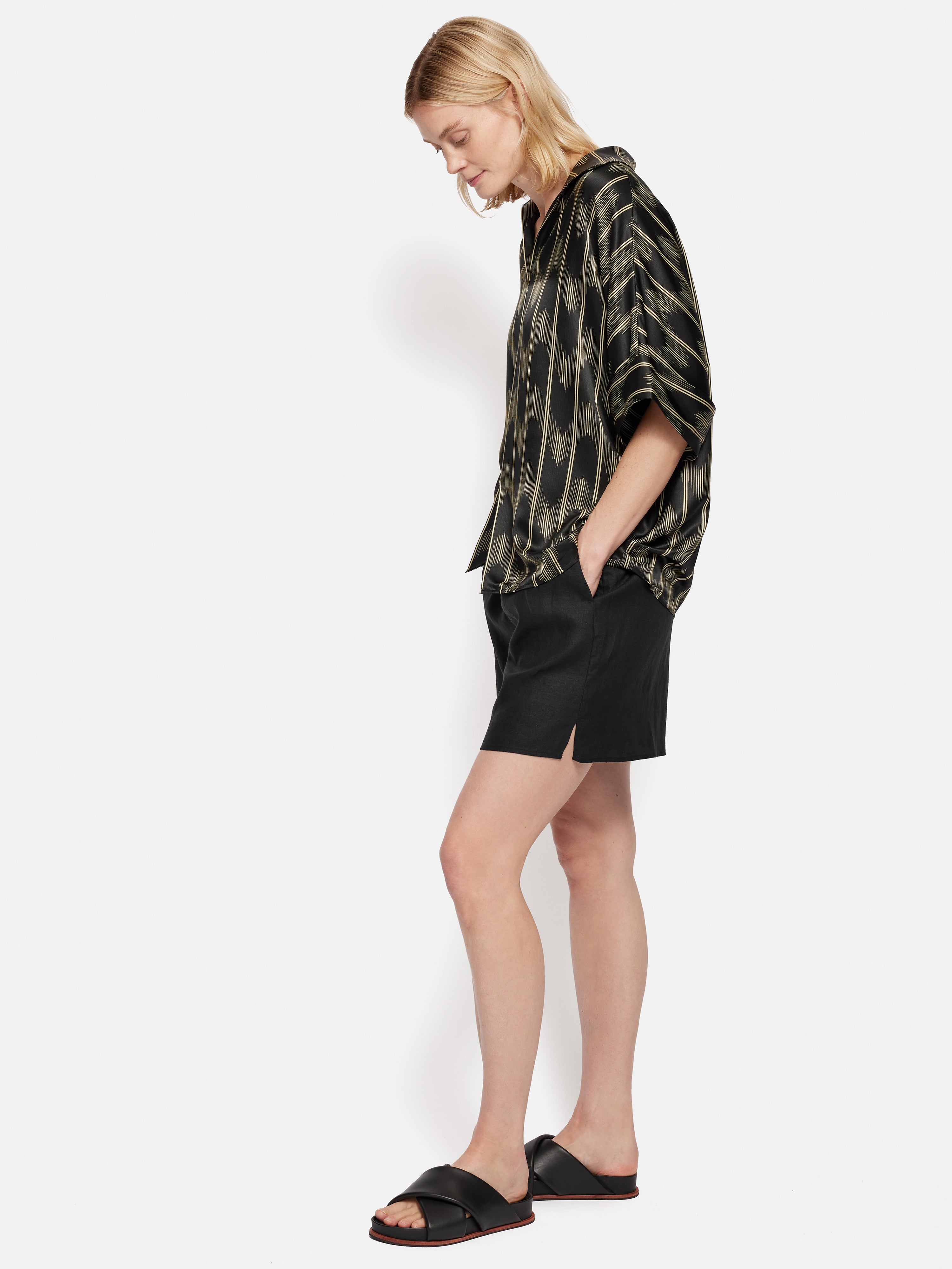 Silk Blend Ikat Stripe Women's Top in Black | Elegant Casual & Office Wear | Perfect for Work, Date Night & Special Occasions