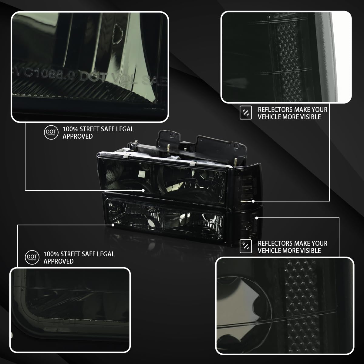 AUTOZENSATION 1994-1998 GMC C10 Pickup Sierra Left & Right Headlight Assembly - Smoke Headlights, Bumper Lights, Corner Lights & Clear Reflectors - Replacement for Truck Lighting Upgrade | Off-Road & Night Driving