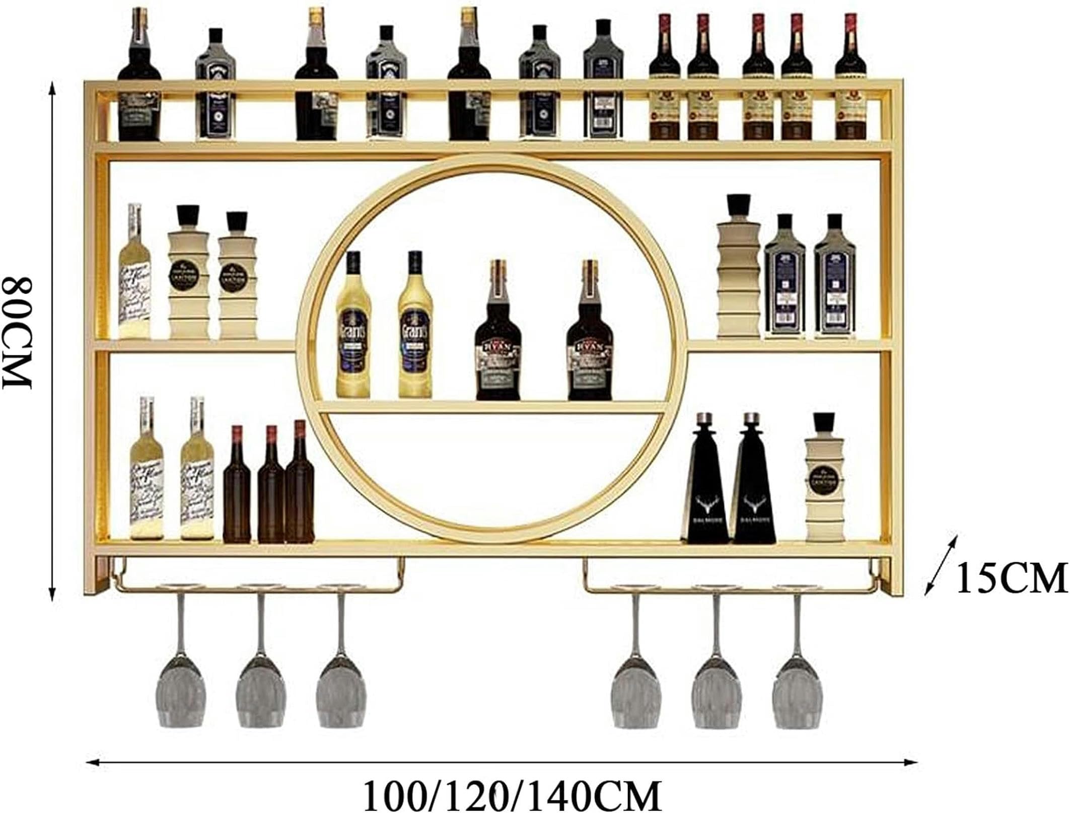 GLJTUO Wall Mounted Wine Rack - Black Metal Floating Shelf with LED Light for Bar, Restaurant & Home Decor - 140cm Bottle Holder for Wine Storage & Display